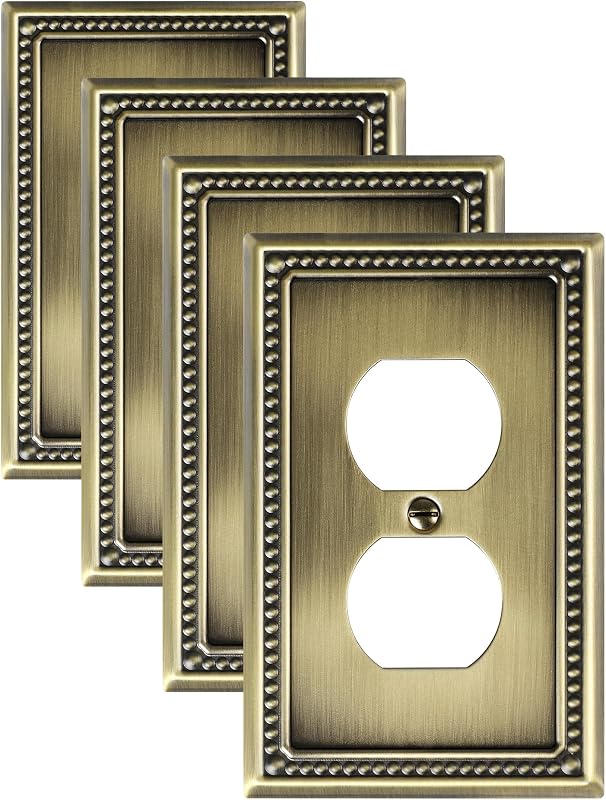 Paquete de 4 placas de interruptor dúplex y cubiertas de salida, latón antiguo | Placas de pared decorativas de metal con cuentas de perlas para tomas de corriente, cubierta de receptáculo de 1 cuadrilla