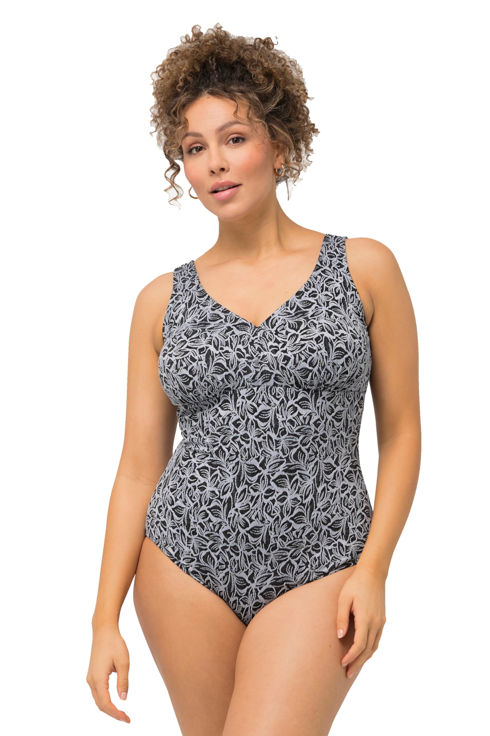 Ulla Popken, Ladies Plus Size Laura Textured Leaves Swimsuit, Black, 22
