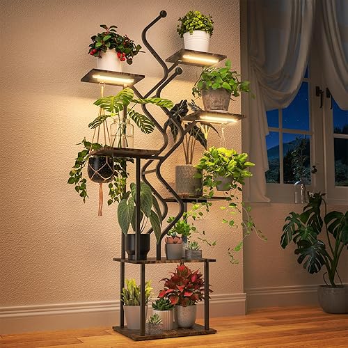 Bstrip Soporte para plantas de 63 pulgadas con luz de crecimiento, estante de plantas de interior de 7 niveles con ganchos para colgar, soporte