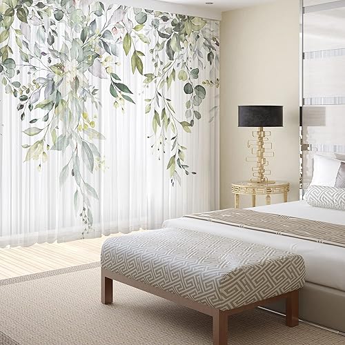 Miniatura 2 de Cortinas de hojas de eucalipto verdes para sala de estar de 63 pulgadas de largo, juego de 2 paneles elegantes de flores silvestres con estampado