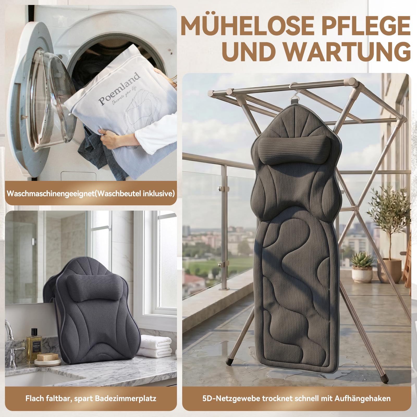 Poemland Luxus Dicke, volle Körper Badewannenkissen Mat & Cushion für Badewanne Kopfstütze Hals Schulter unterstützt Comfort Entspannung Spa Accessories Perfekt für Eintauchen in der Badewanne (Grau)