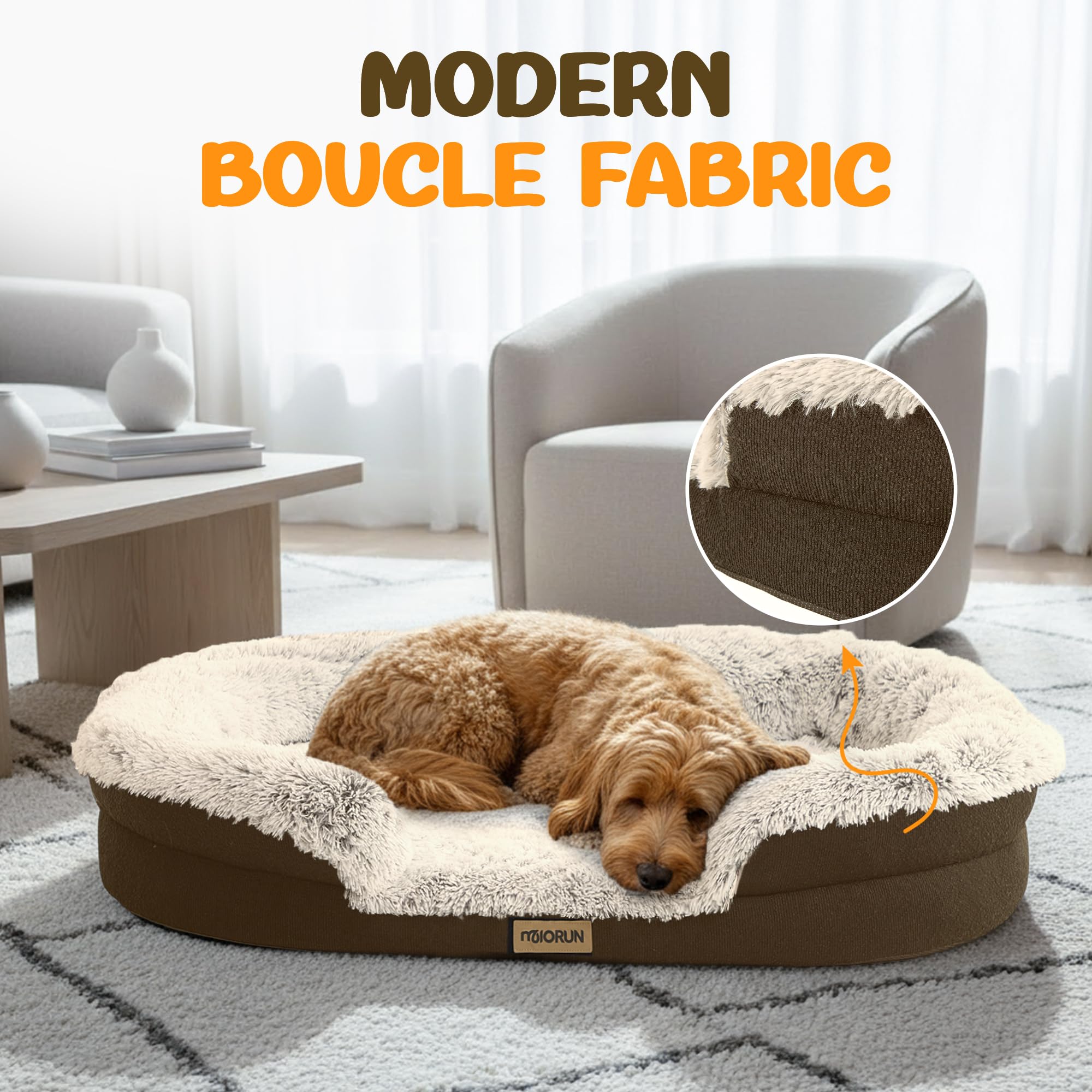 Fluffy Orthopedic Dog Bed for Extra Large Dogs, Calming Plush Sofa Bed with Curved Bolster Support and Egg-Crate Foam Base, 48" Cozy Oval Pet Donut Bed with Washable Cover, Coffee - image 4