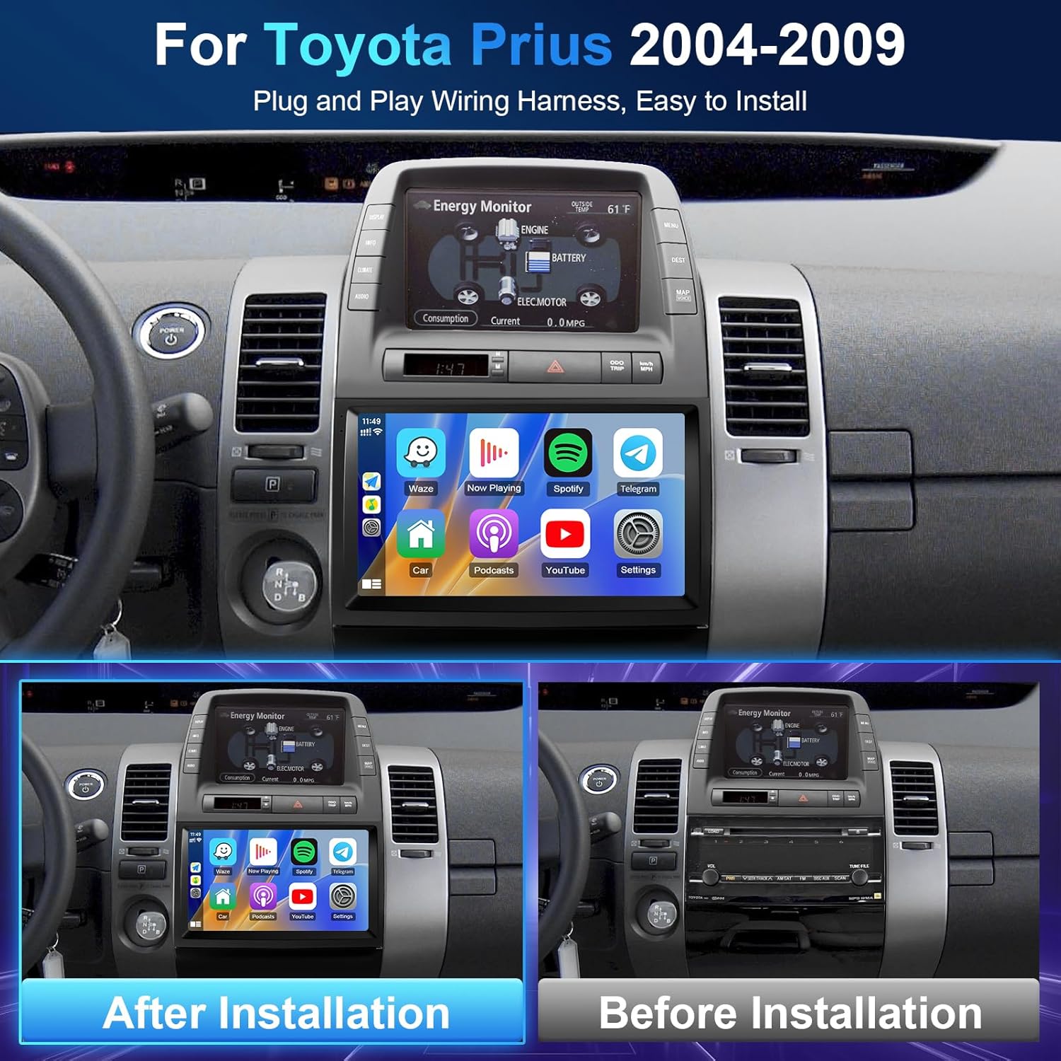 Leadfan Car Radio Stereo for Toyota Prius 2004-2009 Upgrade Compatiable with JBL Wireless Apple CarPlay Android Auto, 9 Inch Touchscreen with BT/GPS/WiFi/FM/MIC/SWC/Backup Camera Pantalla