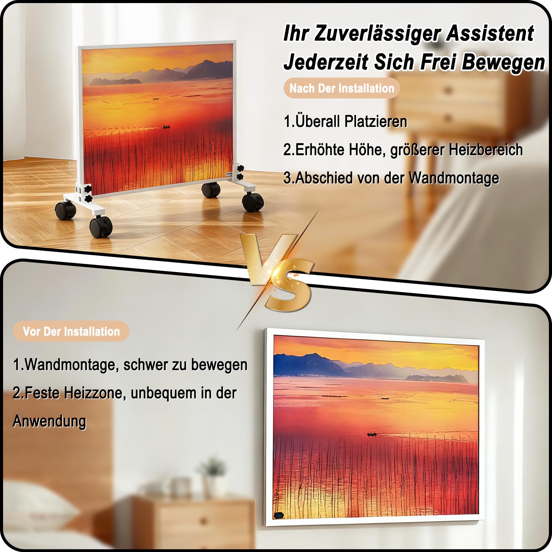 Freistehende Standfüße für Infrarotheizung mit Räder Eisen Standfuß geeignet Heizplatten Flachstrahler Elektroheizung Nutzung beweglich machen Weiß Zubehör (2er Pack)