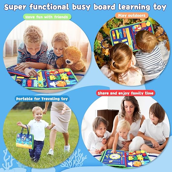 Busy Board Montessori Toy for Kids, Educational Learning Activity Sensory Board, Developing Sensory Toy for Fine Motor Skills, Travel Toy for Plane Car, Gift for Boys Girls (Blue)