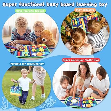 Busy Board Montessori Toy for Kids, Educational Learning Activity Sensory Board, Developing Sensory Toy for Fine Motor Skills, Travel Toy for Plane Car, Gift for Boys Girls (Blue)