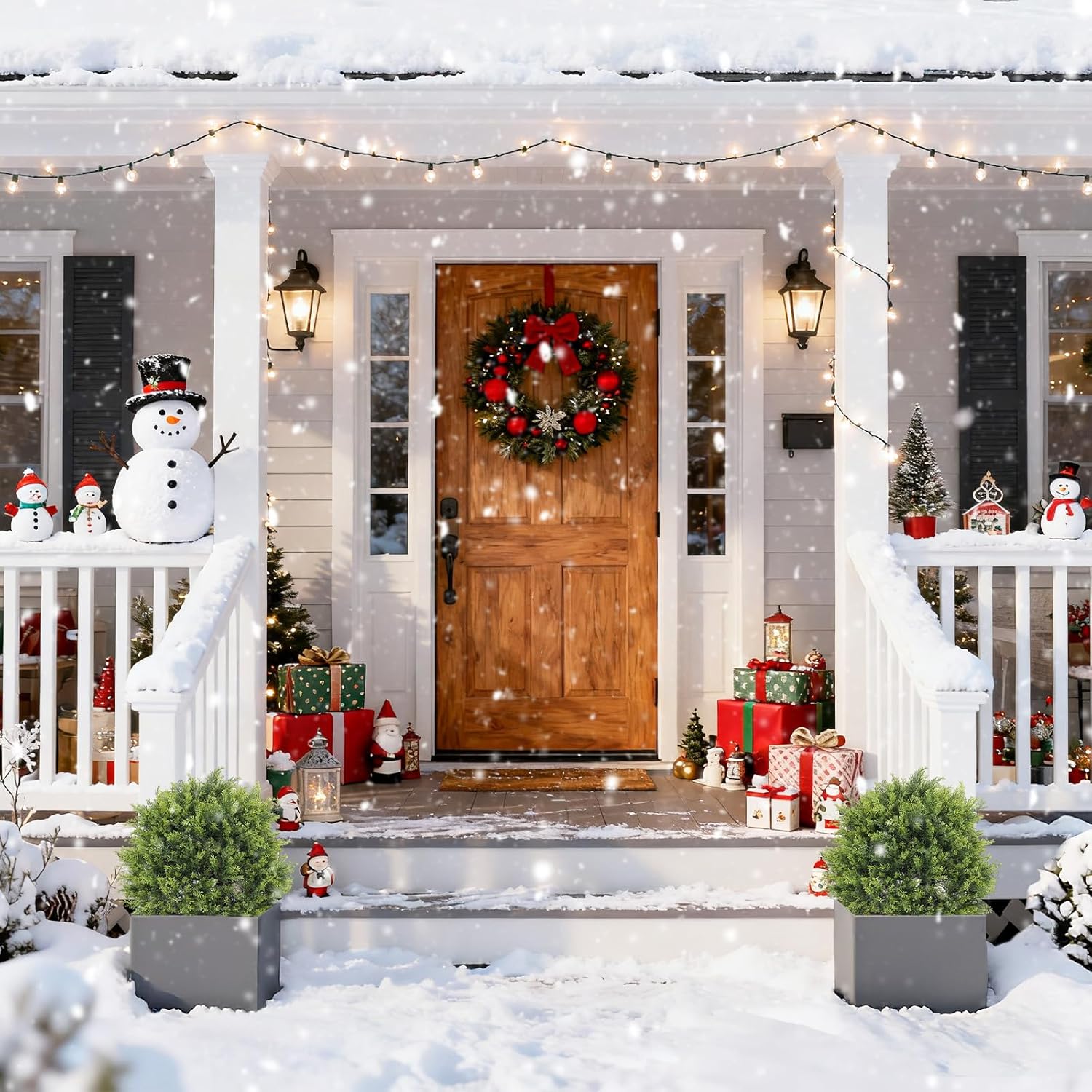 24" Topiary Trees Artificial Outdoor Set of 2, UV Resistant Cedar Fake Potted Plants, 2ft Tall Faux Bushes and Shrubs for Front Porch Patio Planter Outside Decor - Image 2