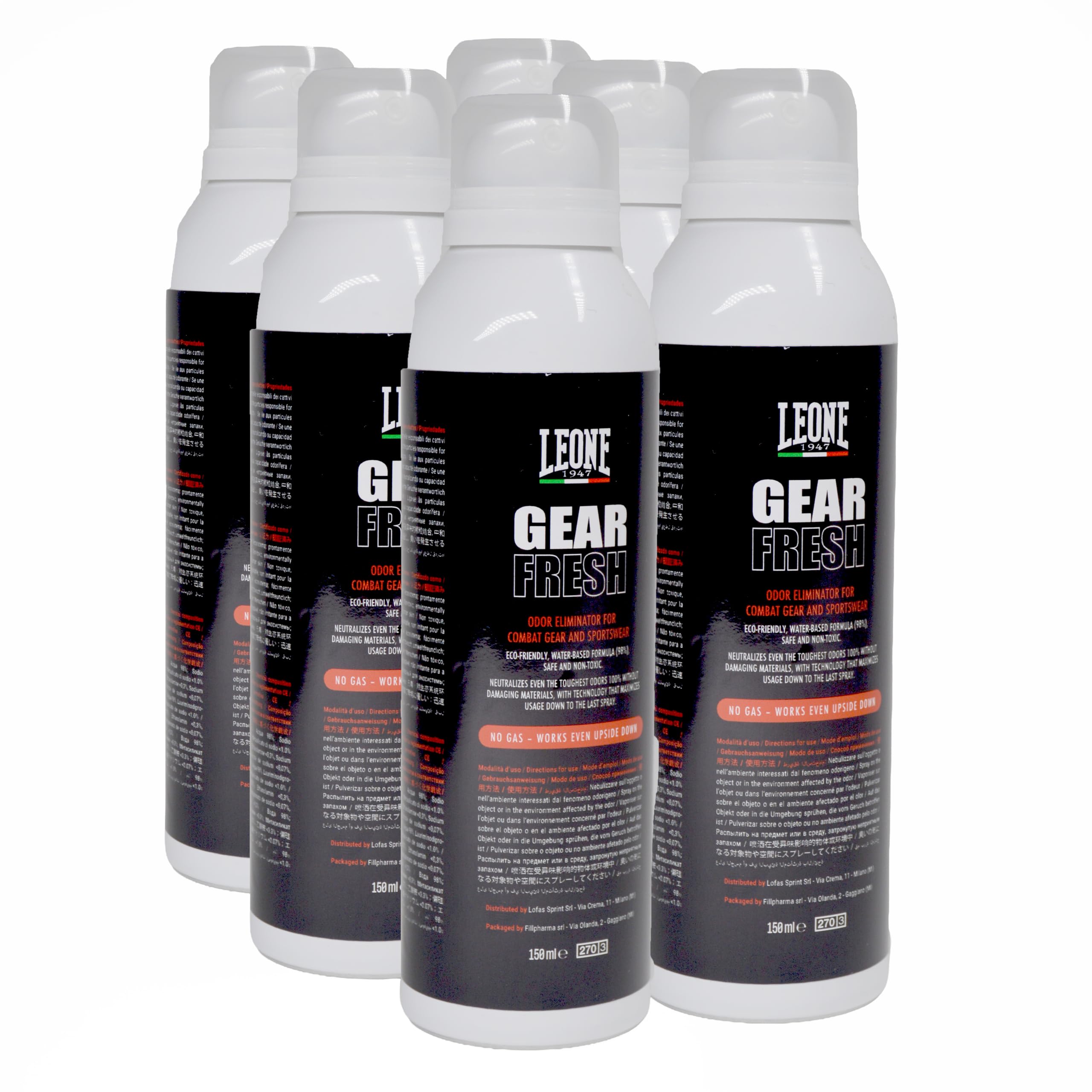 LEONE 1947 Gear Fresh AC982P –6 Pezzi Spray Eliminatore di Odori Ecologico per Attrezzature da Combattimento e Abbigliamento Sportivo – Formula Water-Based, No Gas, Sicuro e Non Tossico -
