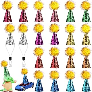 BOXOB 20uds Mini Sombreros de Fiesta para Peluches, Coloridos Gato o Perro Sombrero Cumpleaños Figuras de Dinosaurios Ajustables Cono y Pompones para Manualidades Accesorios Disfraces