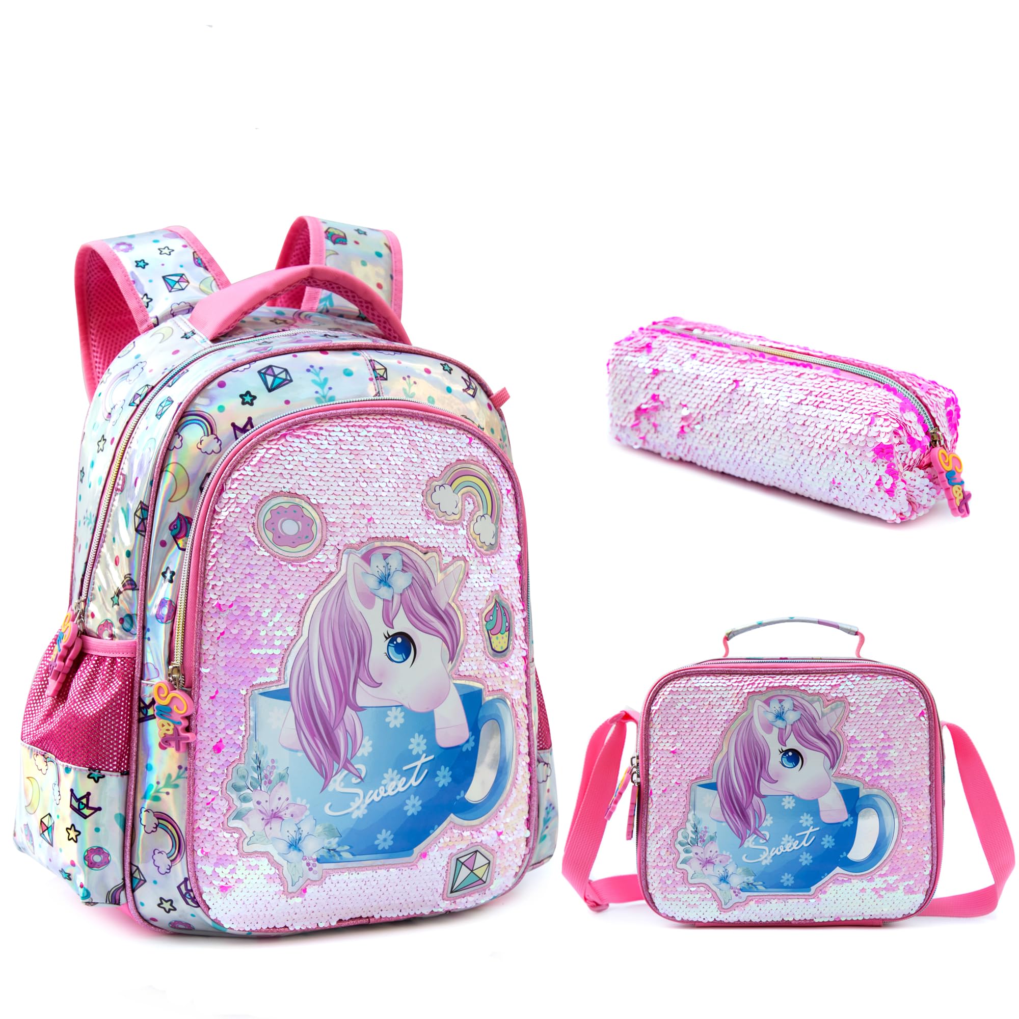 MOHCO Kids Backpack 16inch Lunch Bag and Pencil Case Lightweight School Bookbag for Teens, Girls, Boys, Elementary