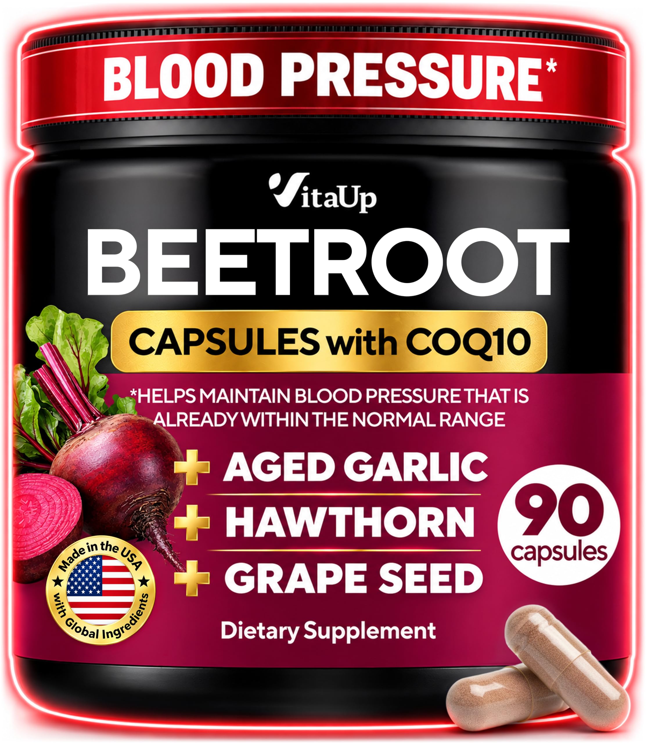 VitaUp Normal Blood Pressure Supplement - 7-in-1 Beet Root Capsules with CoQ10, Grape Seed, Vitamin B12 for Heart Support - USA Made Beetroot Capsules for Normal Circulation - 90 Vegan Beets Caps