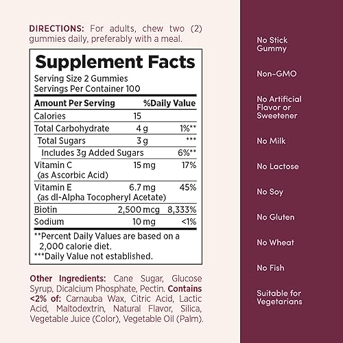 Miniatura 7 de Nature's Bounty Soluciones óptimas gomitas de pectina para cabello, piel y uñas, 2500 mcg de biotina por porción, gomitas sin pegajosidad, fórmula