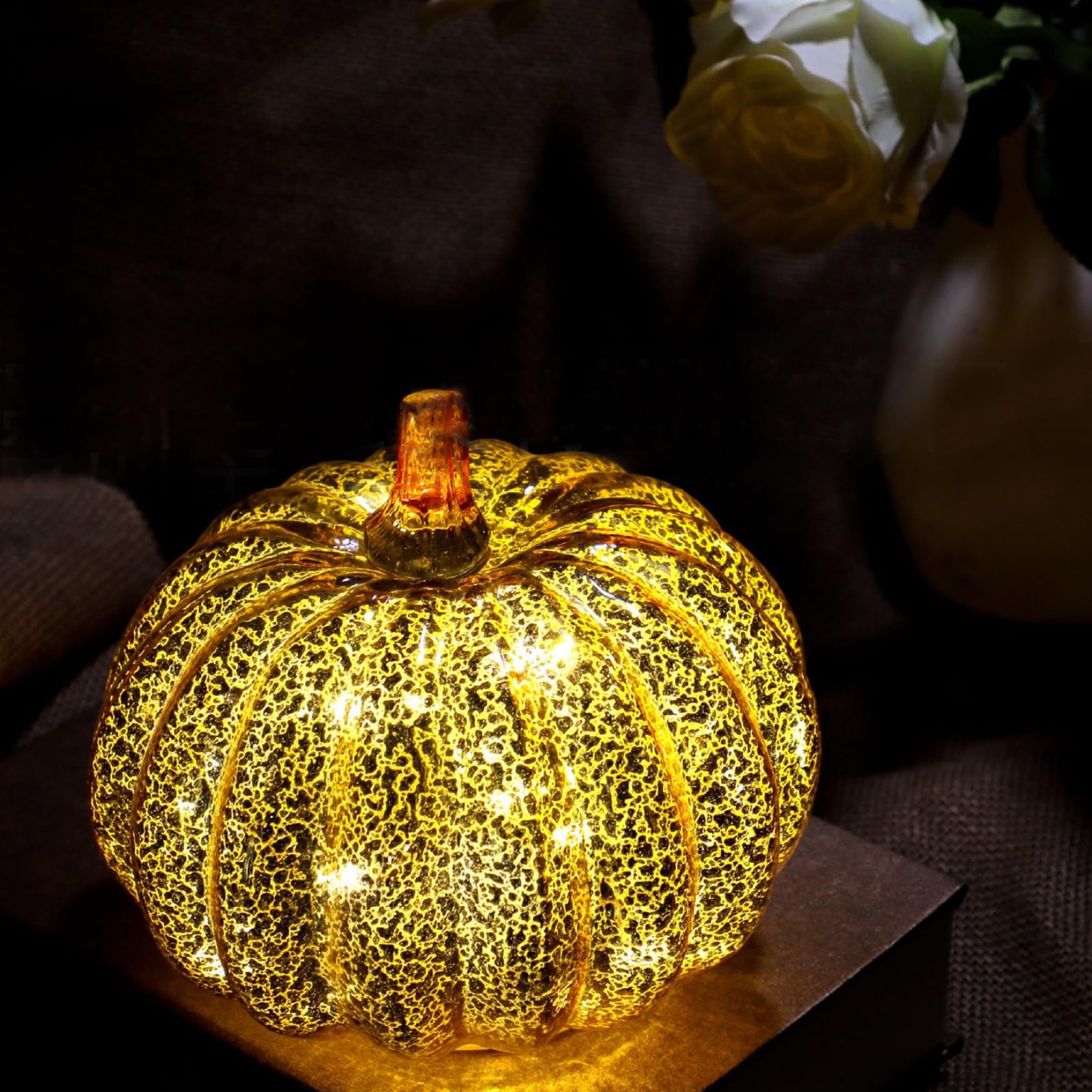 Glass Pumpkin Lights Battery-Powered Light Up Pumpkin with Timer Function Durable Tables Centerpieces Fall Decor for Halloween Thanksgiving Autumn Harvest Pumpkin Decorations Silver