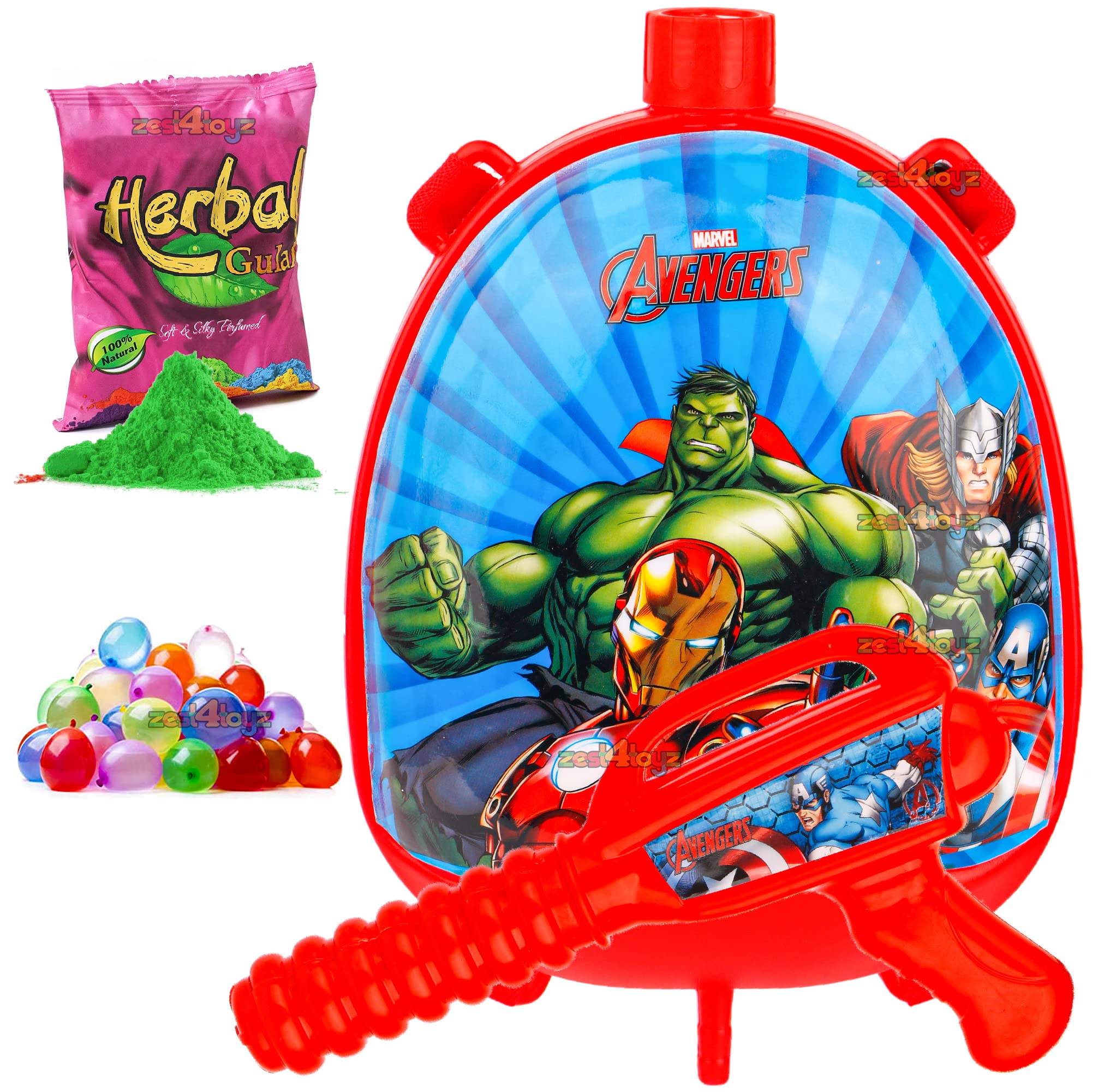 Zest 4 Toyz Holi Pichkari Water Gun for Kids Superhero Backpack Tank Holi Water Gun with 1 Pk Holi Color and 100 Balloons for Holi Water Spray Gun - Boys and Girls (Nova Tank) Assorted