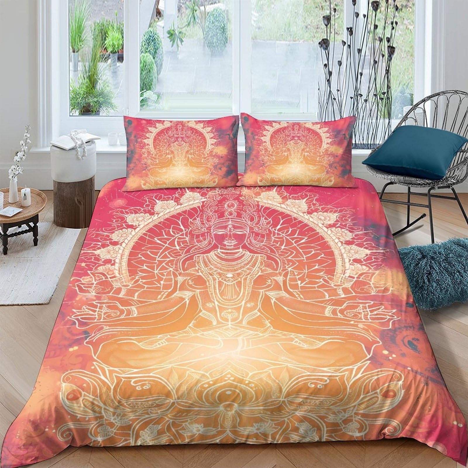 GPLZQXKJNH 3D Printed Mandala Buddha Duvet Cover Microfiber Soft Breathable Spiritual Sunset Bedding Set with 2 Pillowcases for Bedroom Decor Single（135x200cm）