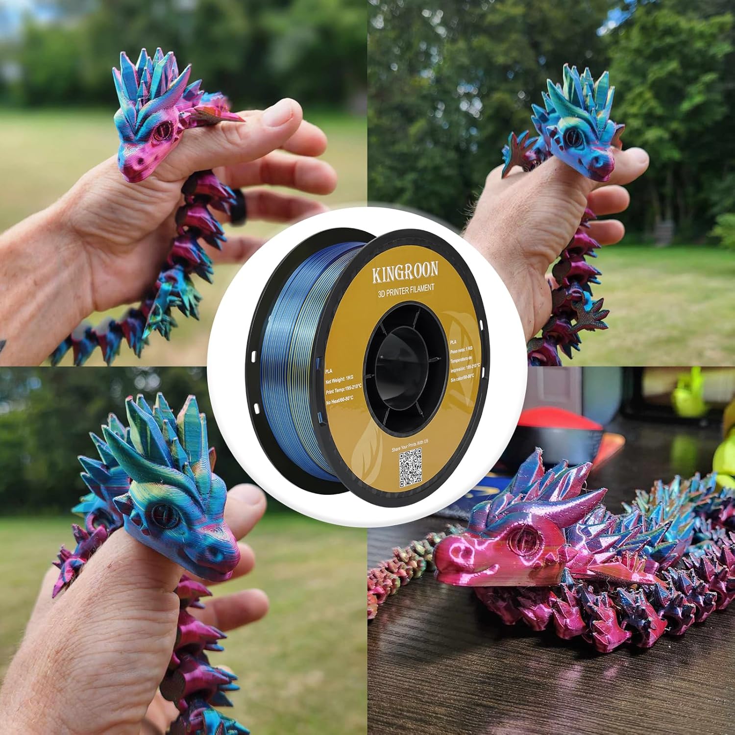 Kingroon PLA Filament, Multicolor Silk PLA Filament, Tri Color 3D Printer Filament, 1.75 mm, Dimensional Accuracy +/- 0.03 mm, 10kg Spool(22lbs) 10 Rolls, 10 Different Multicolor Filaments - Image 3