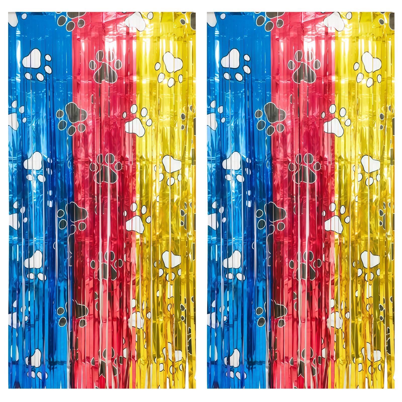 2 Pack 3.3 Ft x 6.6 Ft Metallic Tinsel Foil Fringe Curtains Paw Birthday Party Decorations Shimmering Gold Red and Blue Dog Paw Foil Fringe Streamers Backdrop Curtains for Dog Birthday Party Decor