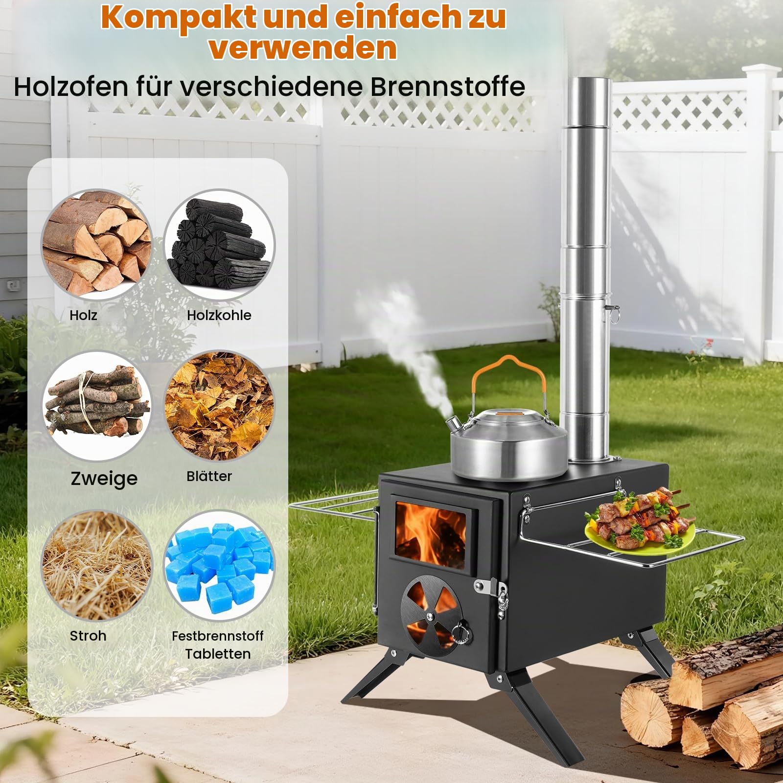 SOPPY Zeltofen mini Holzofen Tragbarer Campingkocher Edelstahl Herd Campingofen Gartenofen mit Schornsteinrohre Werkstattofen für Zelt/Garten/Camping/Outdoor/Picknick/Kochen, Schwarz