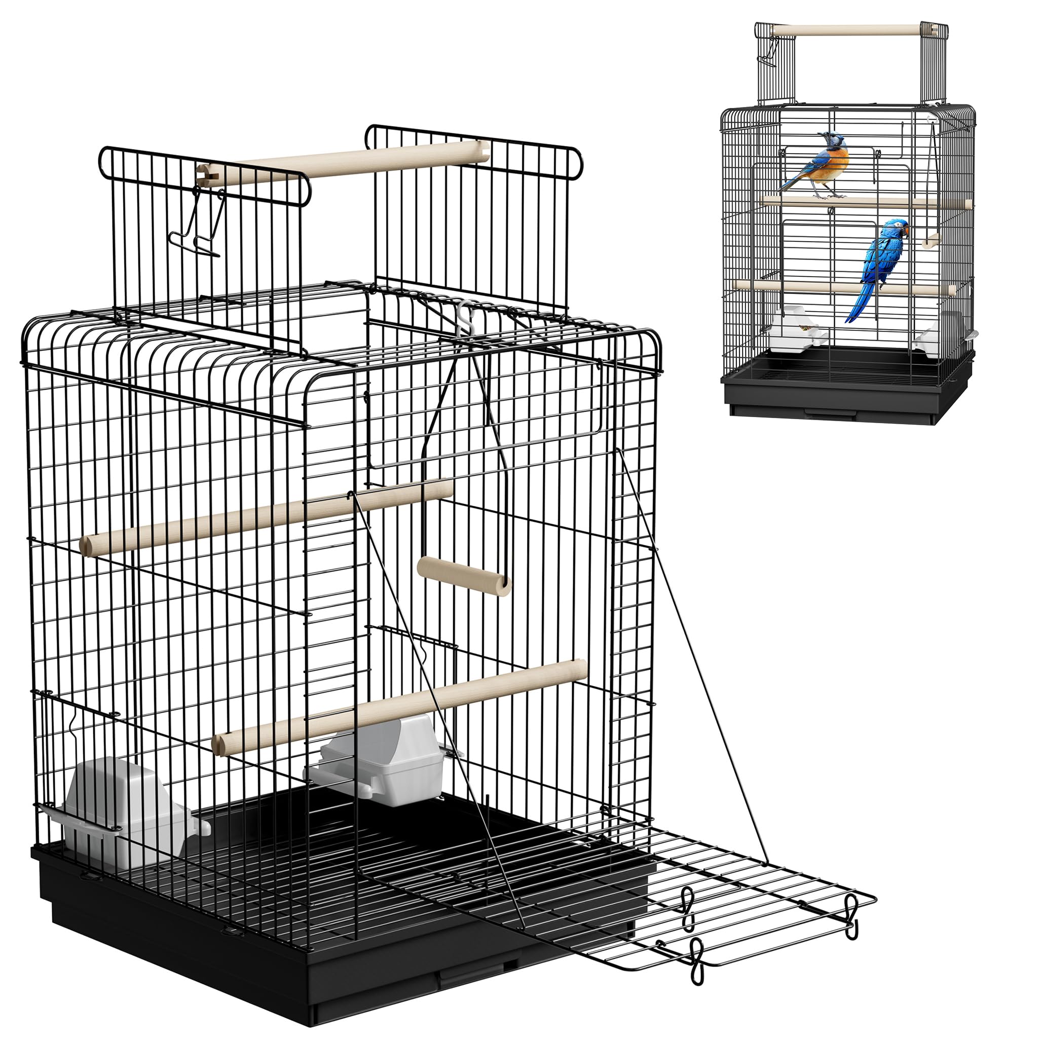 SUBTLETY Metall Vogelkäfige 40x40cm Wellensittich Käfig mit Ausruhen Holzstab Nymphensittiche Vogelbauer Tragbare Vogelvoliere mit Dachfenster, Tür, Futtertrog & Herausnehmbares Tablett für Ziervögel