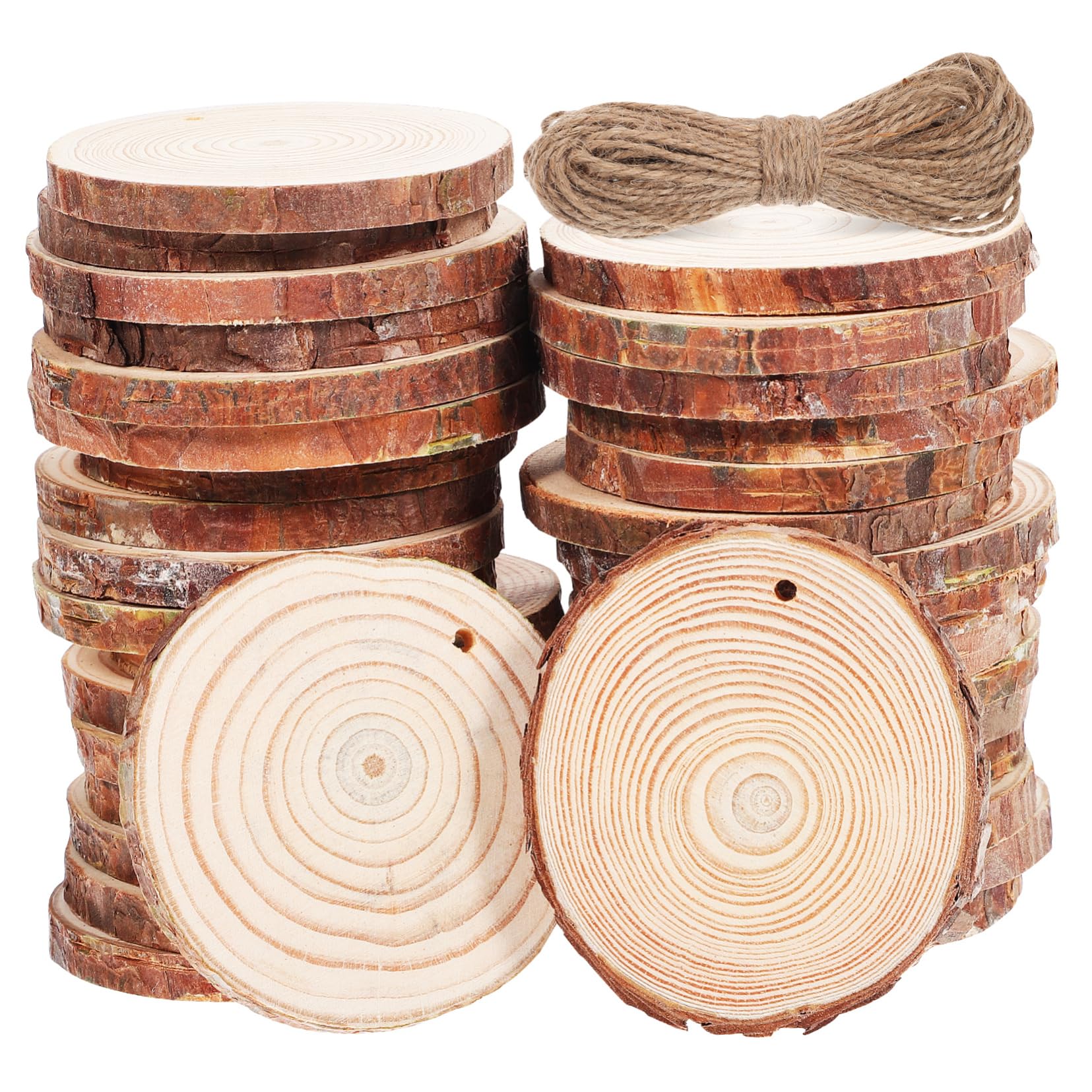 50 Stück Unbehandelte Runde Holzscheiben zum Basteln mit Juteschnur | Selbstgemacht Weihnachtsschmuck, Braun, Holzmaterial, Rustikale Naturoptik, 7–8cm, für Dekoration