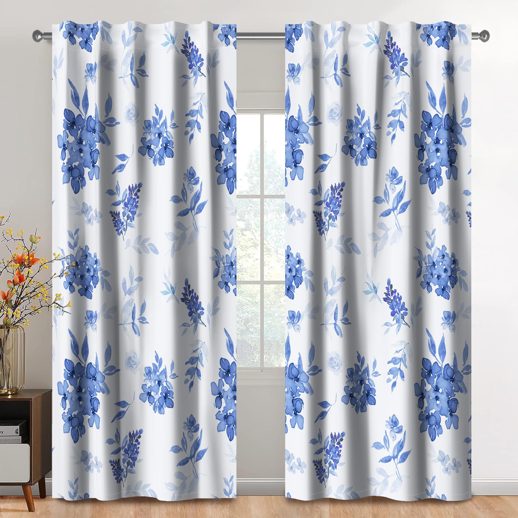 Kzzfqxb 2 Panels 117x183cm Rod Pocket Floral Curtains, Botanical Plants Herbs Blue Wild Flowers Bouquets Weeds Leaves Pattern Window Drapes, Fresh Elegant Decor for Living Room Bedroom Dining Room — image 1