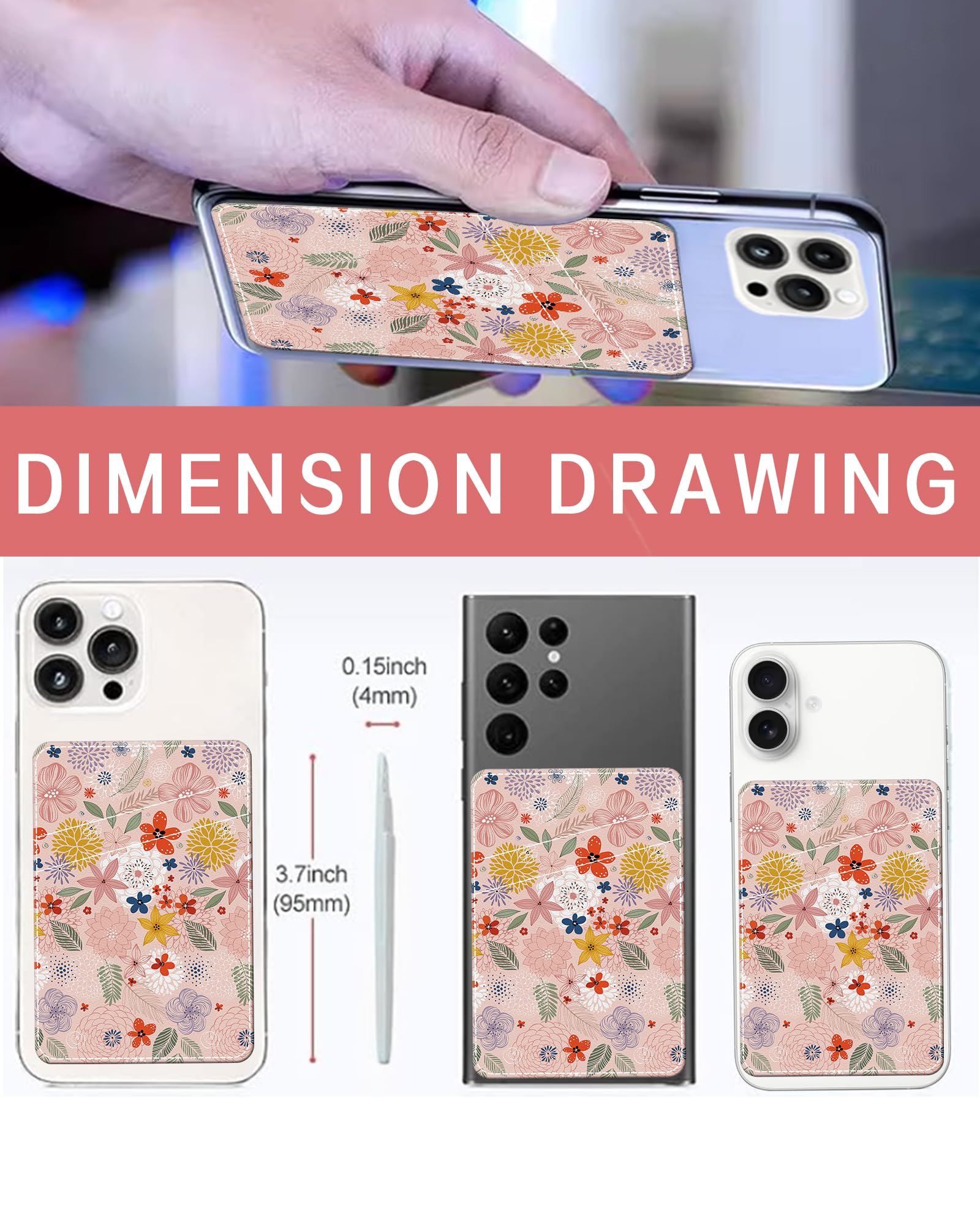 Tarjetero para teléfono, doble bolsillo, de cuero, adhesivo, bonito tarjetero, tarjetero para funda de teléfono, diseño floral