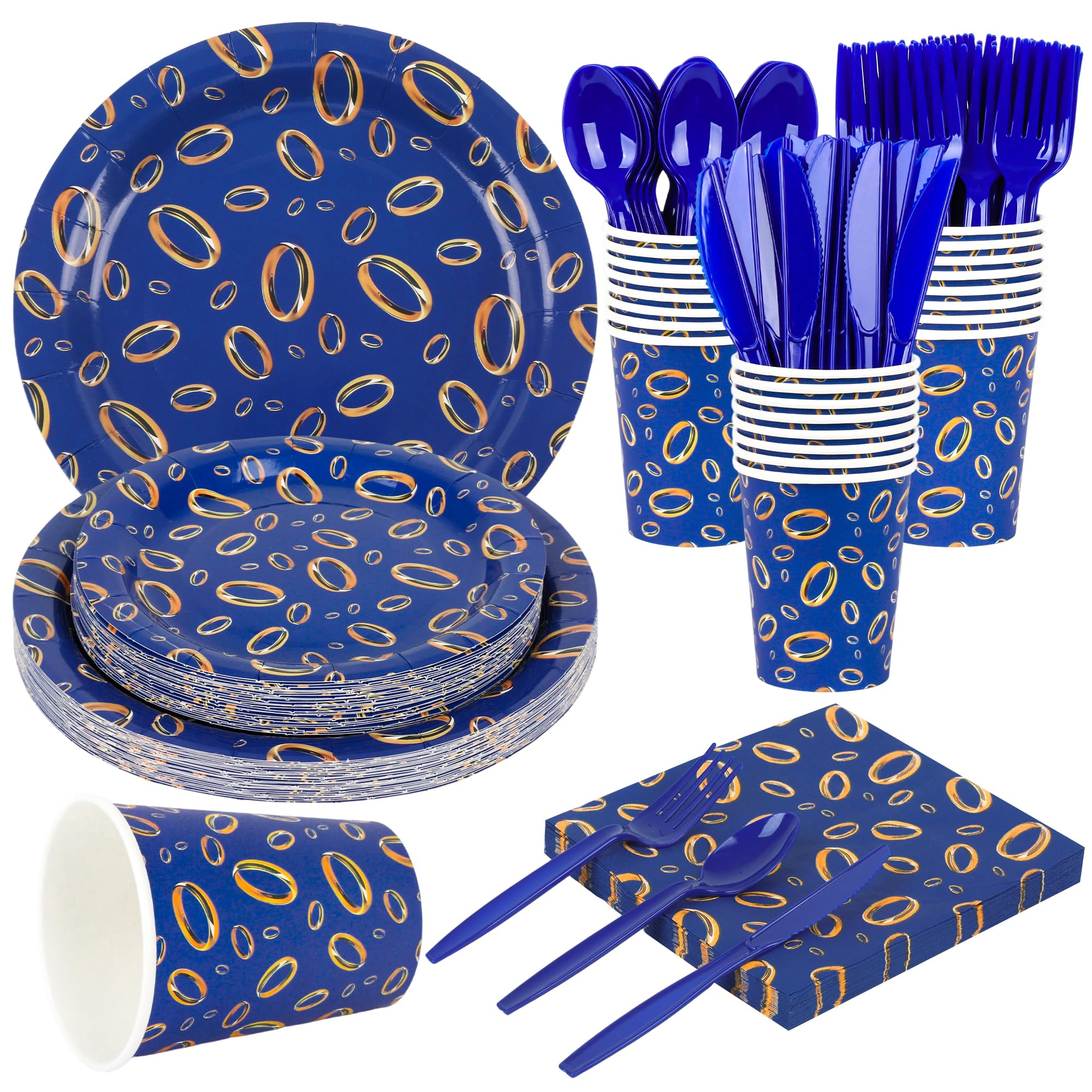 175Pcs Video Game Party Favors Tableware Set Video Game Themed Party Supplies for 25 Guests Includ Blue and Gold Rings Paper Plates Napkins Cups and Cutlery for Gamer's Parties Decor Birthday Gift