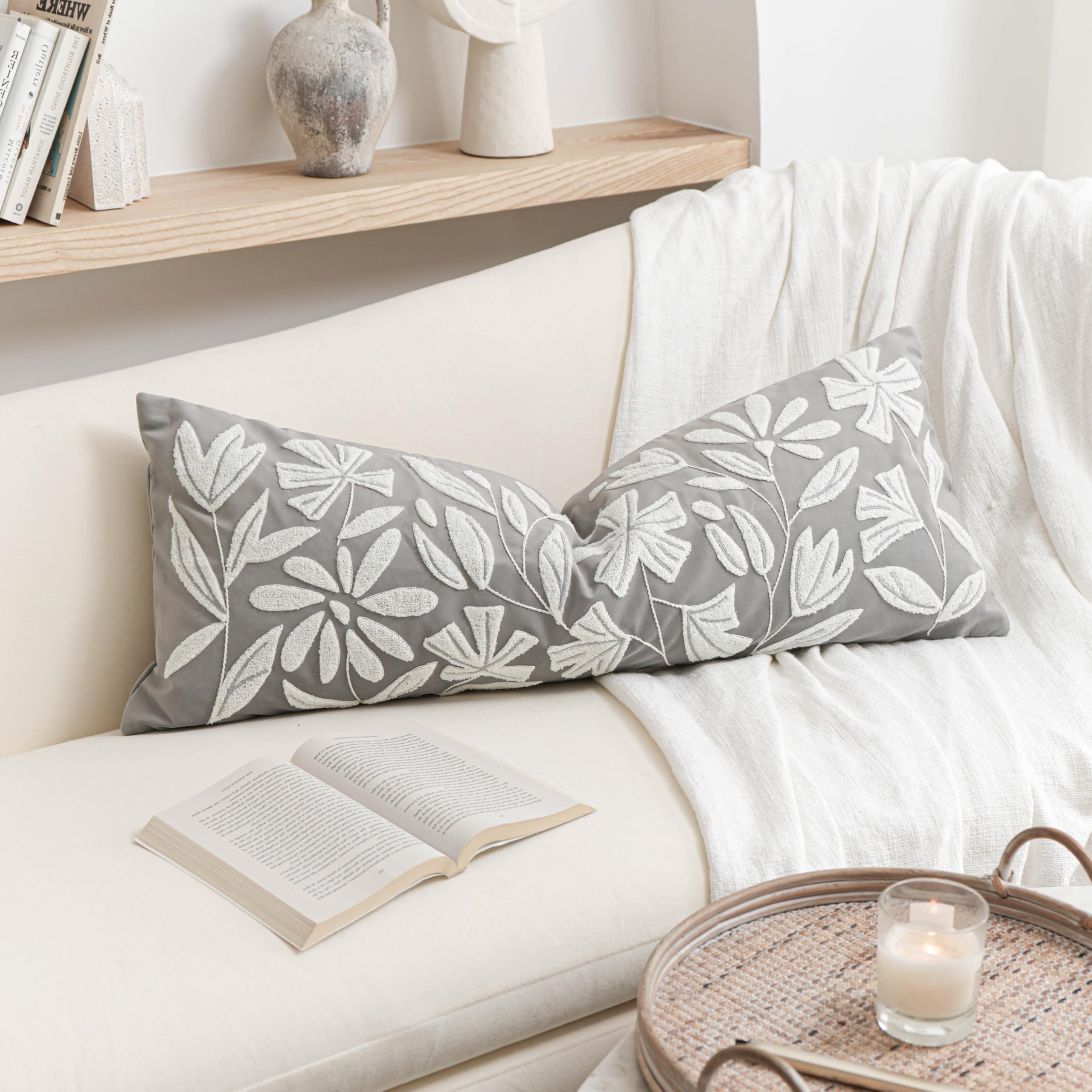 BlissBlush Long Lumbar Pillow Cover 14x36 for Bed, Light Gray Floral Tufted Velvet Accent Oversize Throw Pillowcase for Bedroom, Cover Only