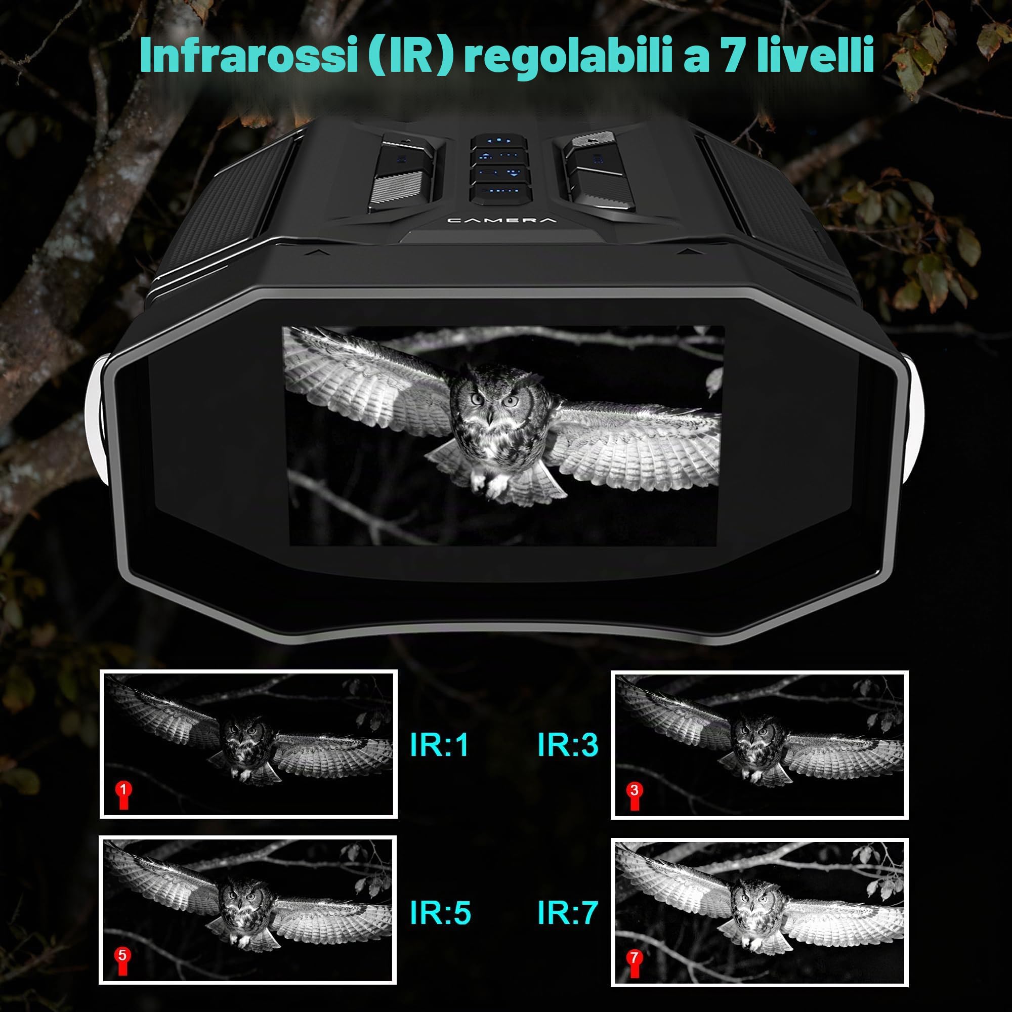 Visore Notturno con Scheda 32GB, Binocolo Visione Notturna Zoom 8X, Schermo 3.0'', Video Binocolo Interattivo Batteria 4000mAh, IR 7 Livelli, Regalo Uomo & Papà