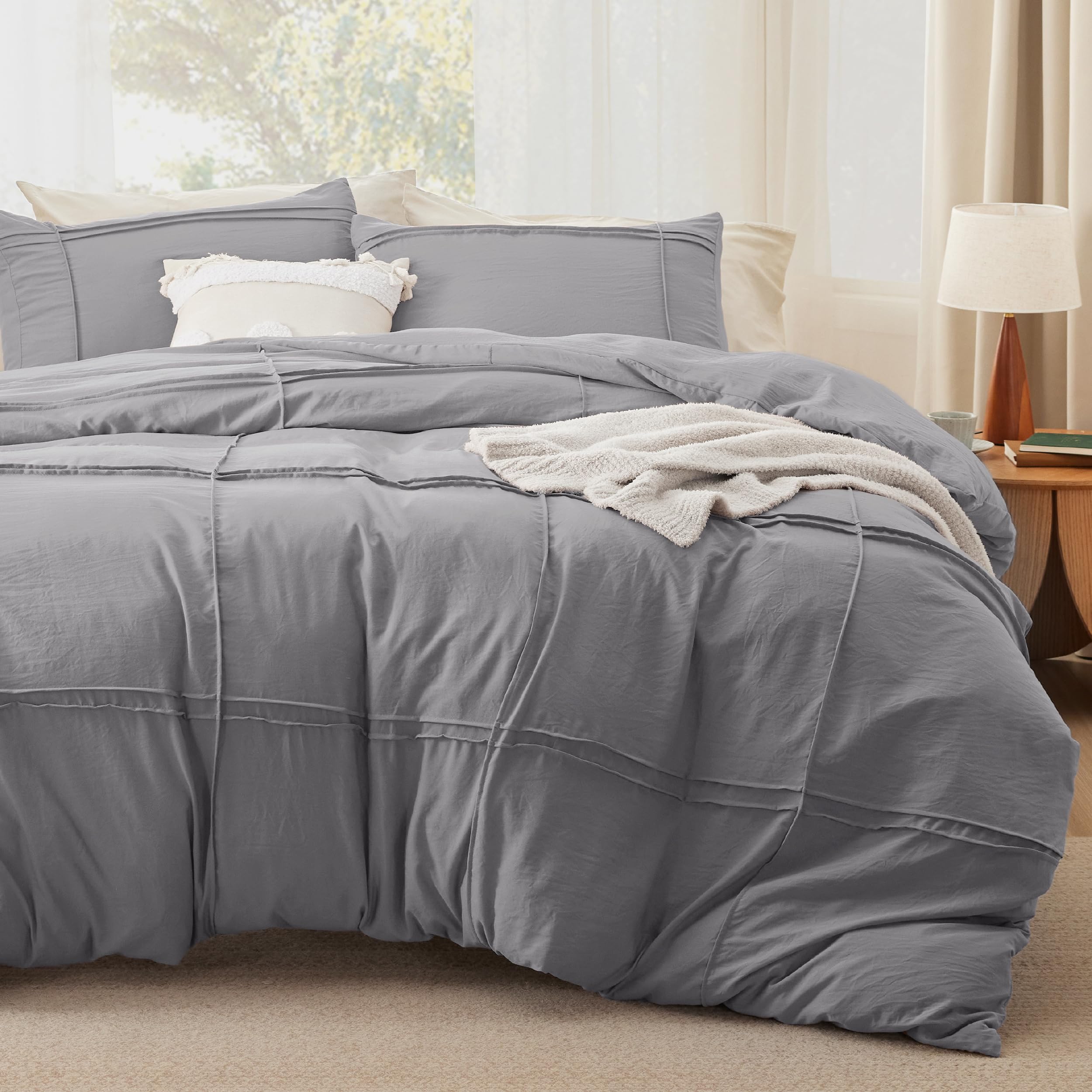 Bedsure Grid Boho Duvet Cover King Size - Shabby Chic Tufted Boho Bedding Set, 3 Pieces Shabby Chic Home Bedding for All Seasons, Includes 1 King Duvet Cover 2 Pillowcases (Grey, 104" x 90")