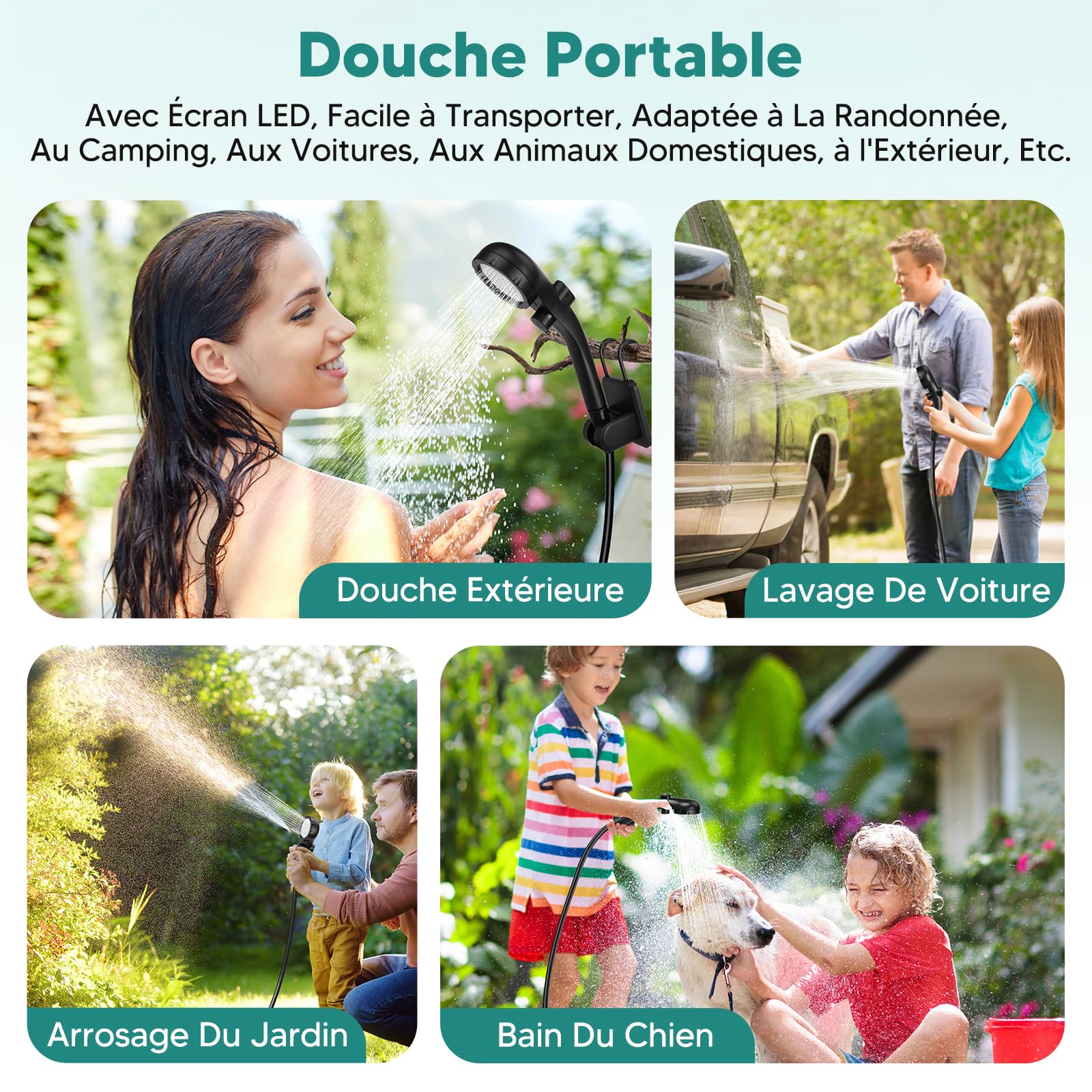 ShinePick Ducha Camping,Ducha Portátil 3000mAh Recargable Kit | LED inteligente, 3 modos de ducha, IPX7, adecuado para acampar, al aire libre, coche, animales domésticos