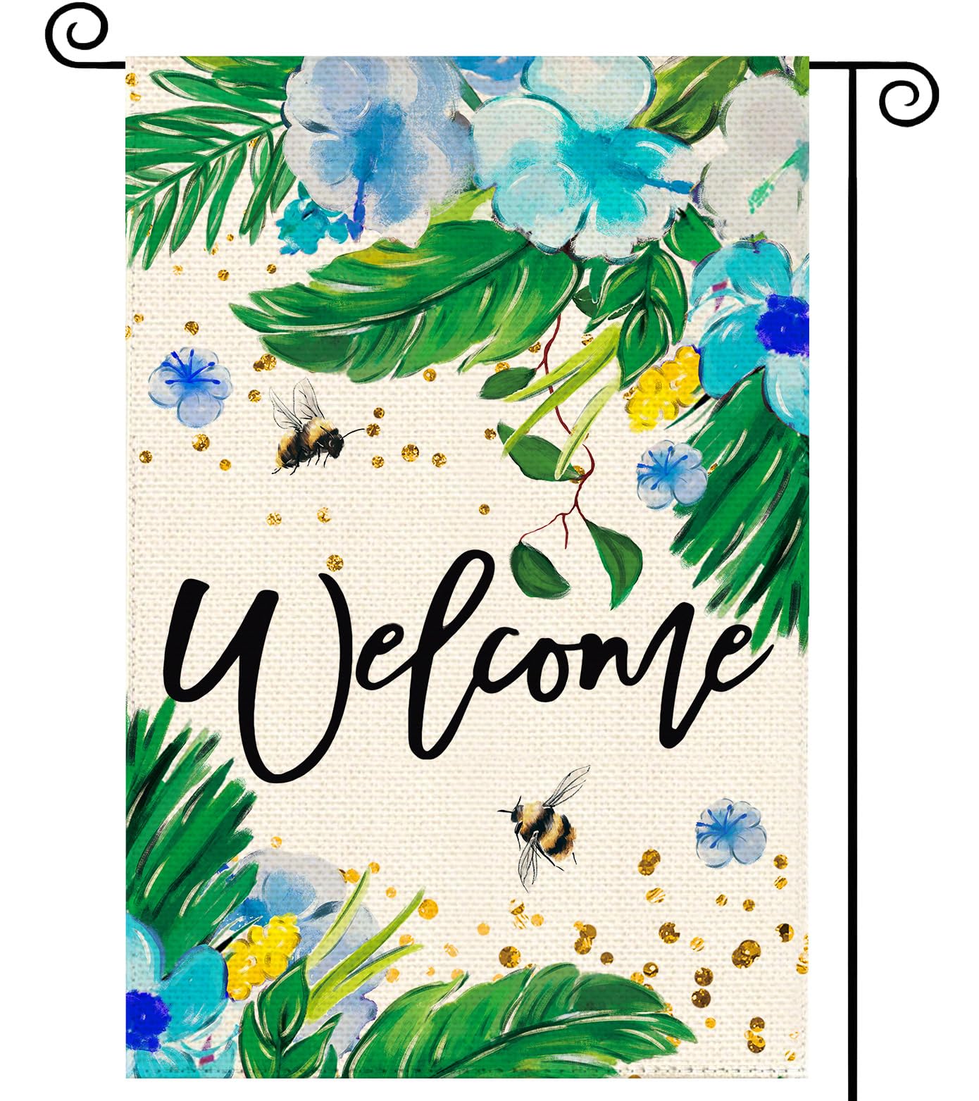 Tikeciti Summer Tropical Floral Welcome Garden Flag 12 x 18 Inch Double Sided, Turtle Leaf Bee Farmhouse Burlap Small Yard Flag Summer Seasonal Holiday Outdoor Outside Decoration, Blue