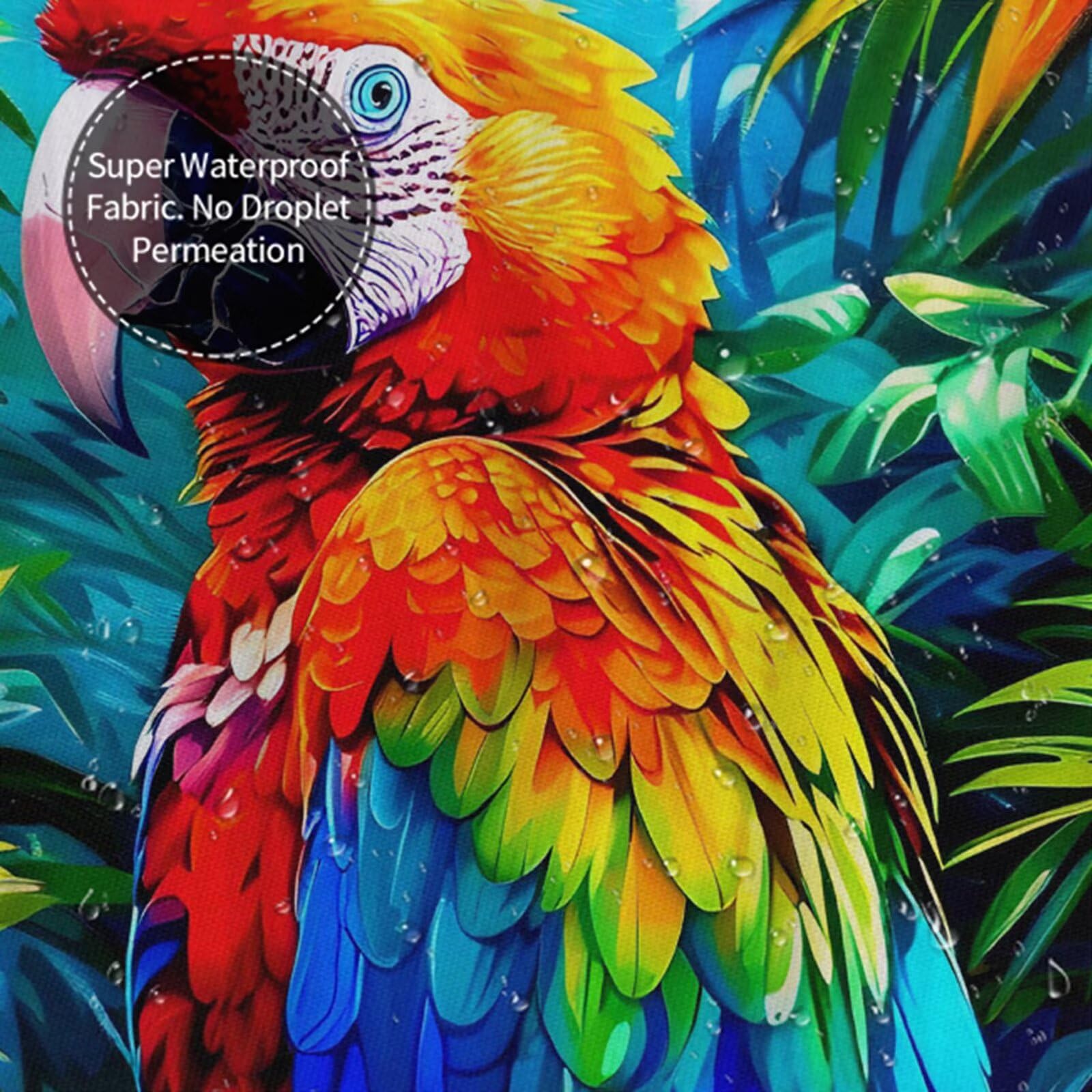 Wasserdichter Duschvorhang Anti-Schimmel 240x200 cm, Waschbar Schnelltrocknend Textil Stoff Polyester Duschvorhang Papagei Shower Curtain mit Gewicht und 12 Ringe für Badewanne, Bunt J8-669