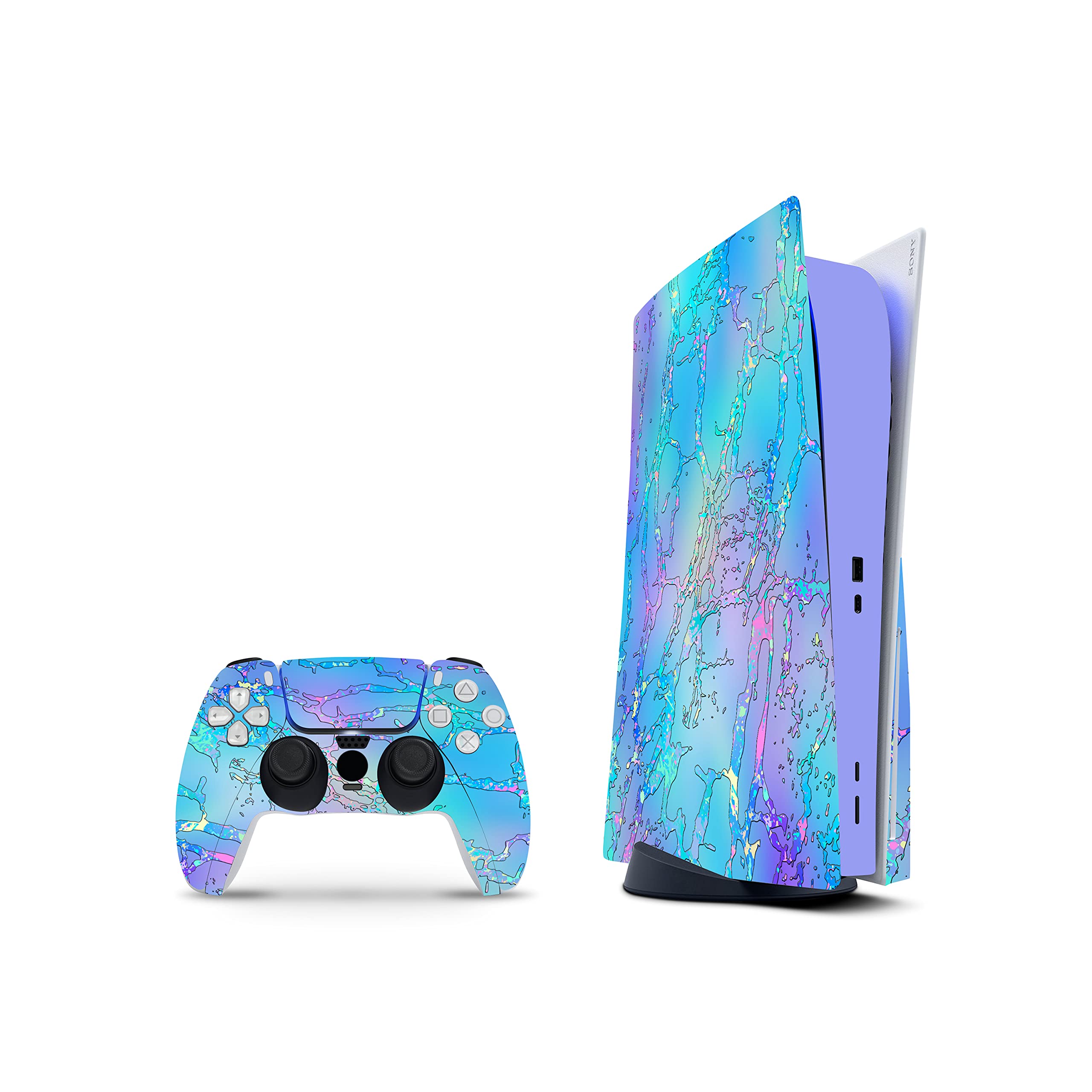 ZOOMHITSKINS Compatible with PS5 Digital Version (No Disk Version) Skin, Goth Blue Pink White Unicorn Lines, Durable, Bubble-Free, Precisely Cut