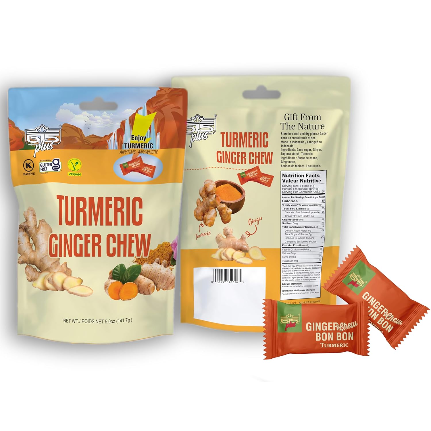 615 Plus Ginger Candy Chewy Ginger Chew (Turmeric, 5.0 Ounce, Pack of 12)