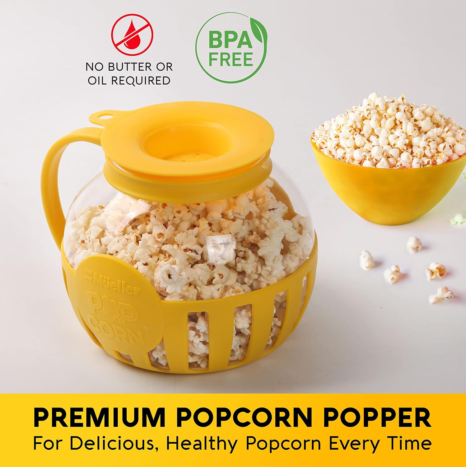 Mueller Premium Microwave Popcorn Popper, 3 Quart Capacity Popcorn Maker, Borosilicate Glass, 3-in-1 Silicone Lid, Healthy Snack - No Oil or Butter Required, Dishwasher Safe, Yellow