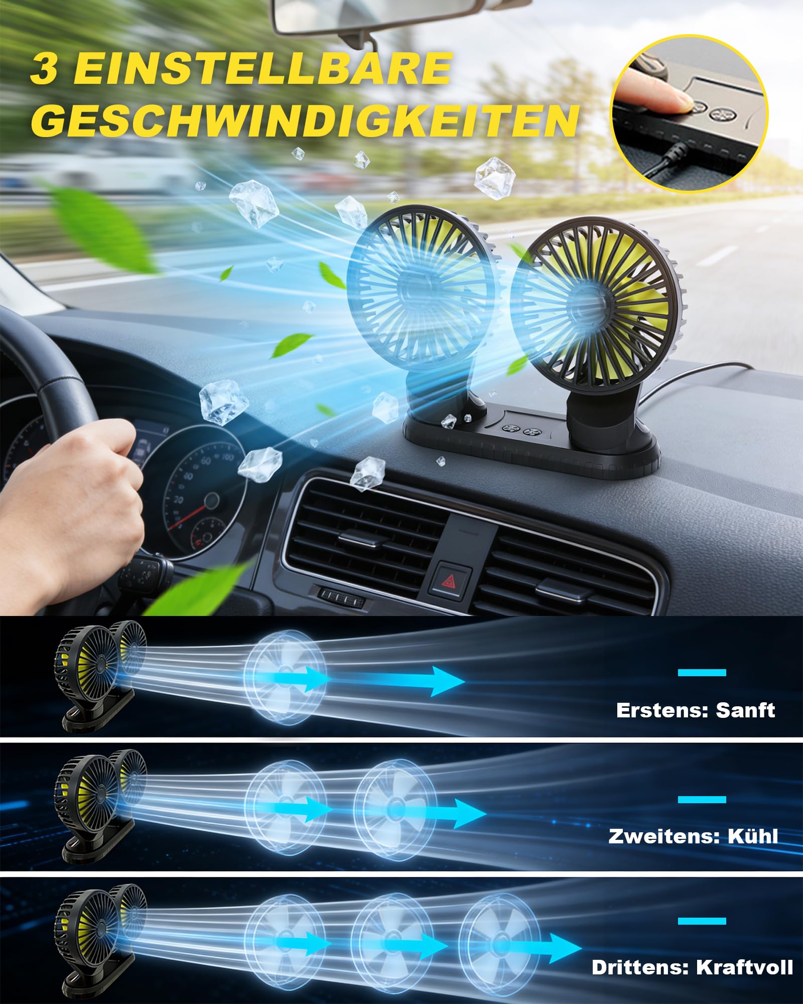 Ventilador de Coche 12/24v, 360 ° Giratorio Cabezas Dobles Ventilador Portatil, Mini Ventilador con 3 Velocidades USB para Coche SUV Vehículo de Crucero RV