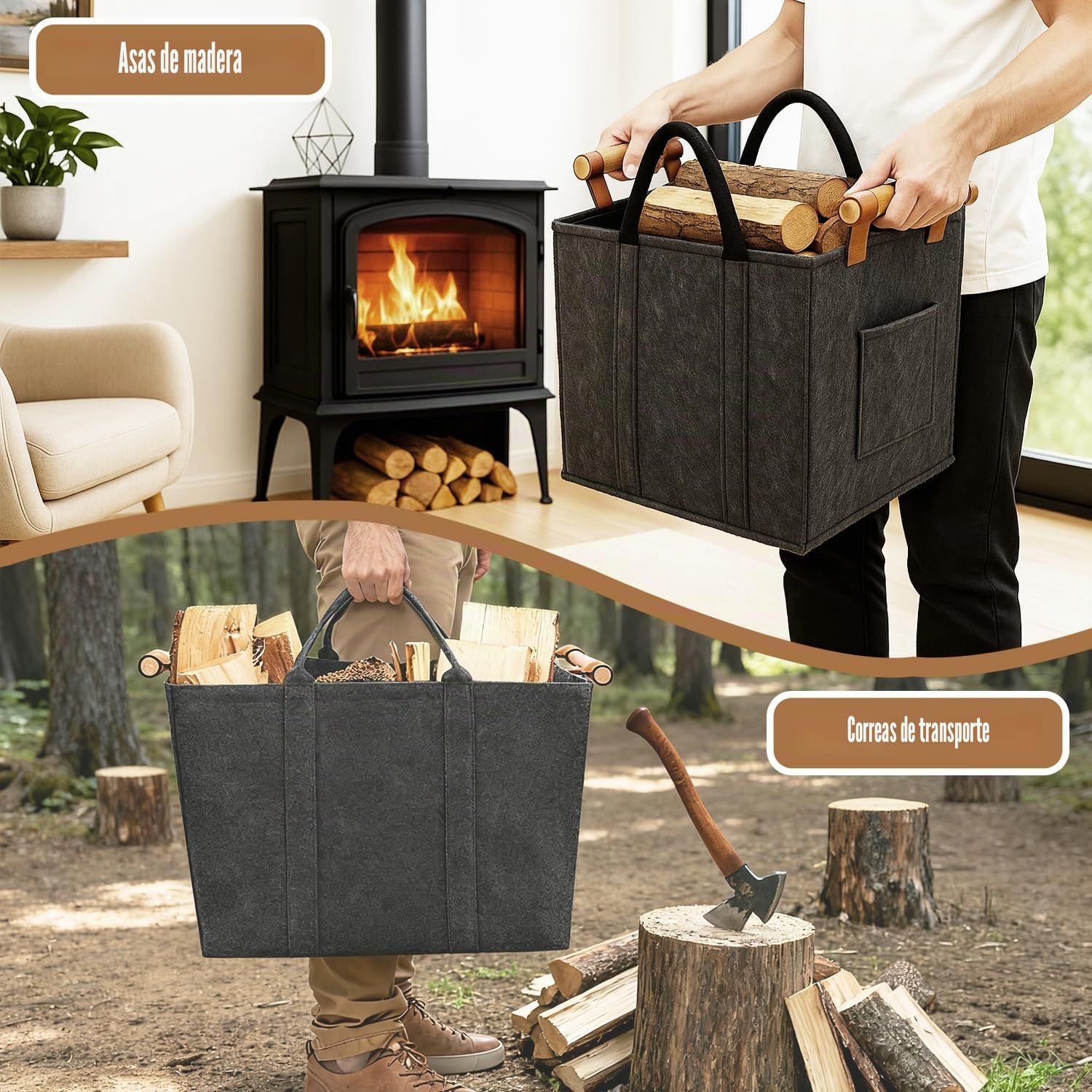 Cesta Leña Chimenea de Fieltro, Cesta para Leña con Guantes, Cestas Almacenaje con Asas de Transporte, para Leña, Revistas, Periódicos, Ropa (42 cm x40 cm x 30 cm)
