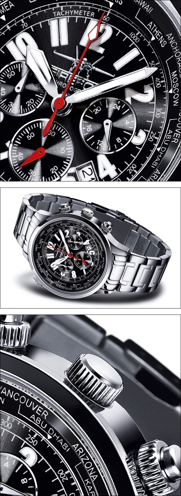 FIREFOX WORLDTIMER FFS40-102 Sunray schwarz Weltzeitanzeige Chronograph Herrenuhr Armbanduhr Sicherheitsfaltschließe massiv Edelstahl wasserdicht Miyota OS20 Kaliber