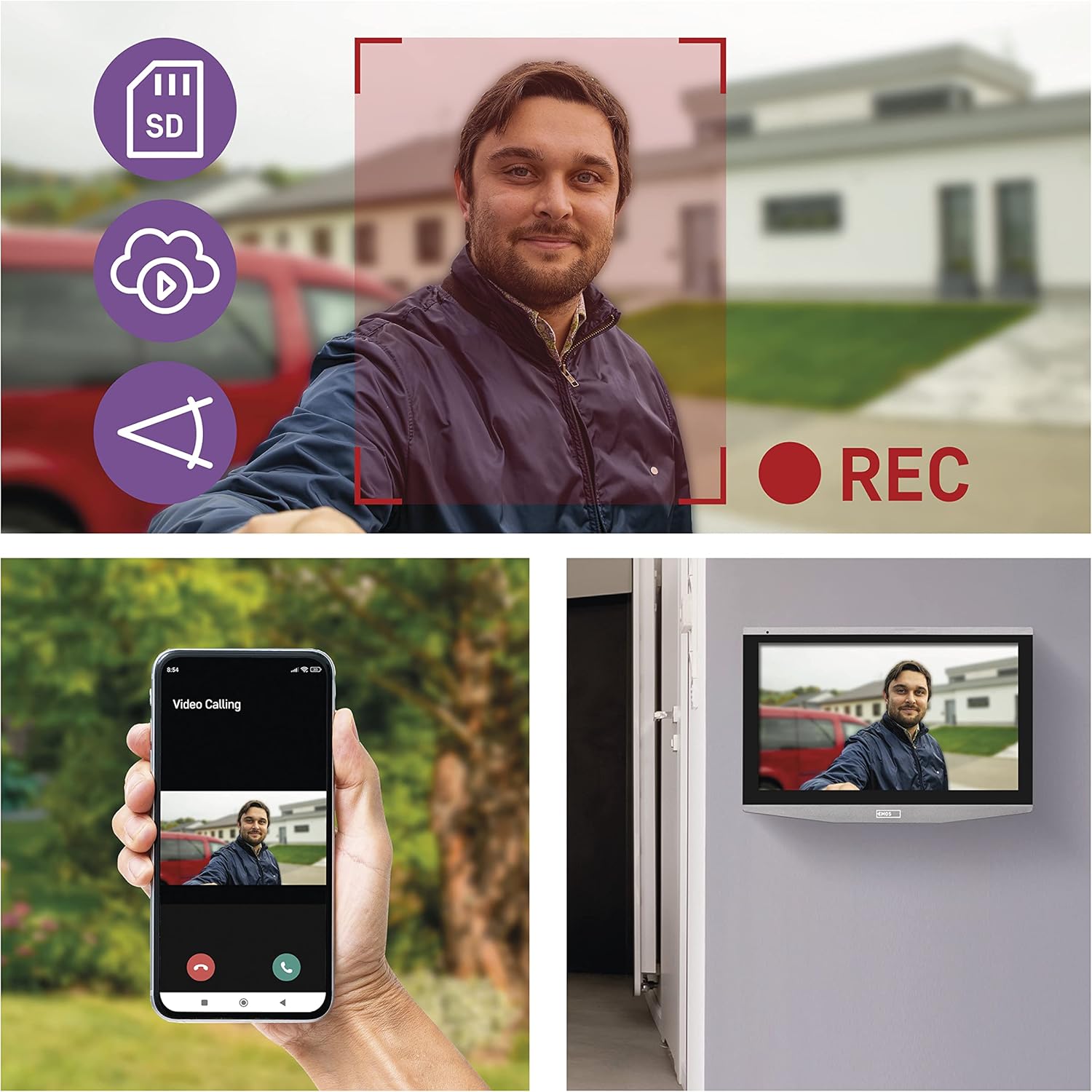 EMOS GoSmart IP-700A showing live view on monitor and mobile app with recording and storage options.