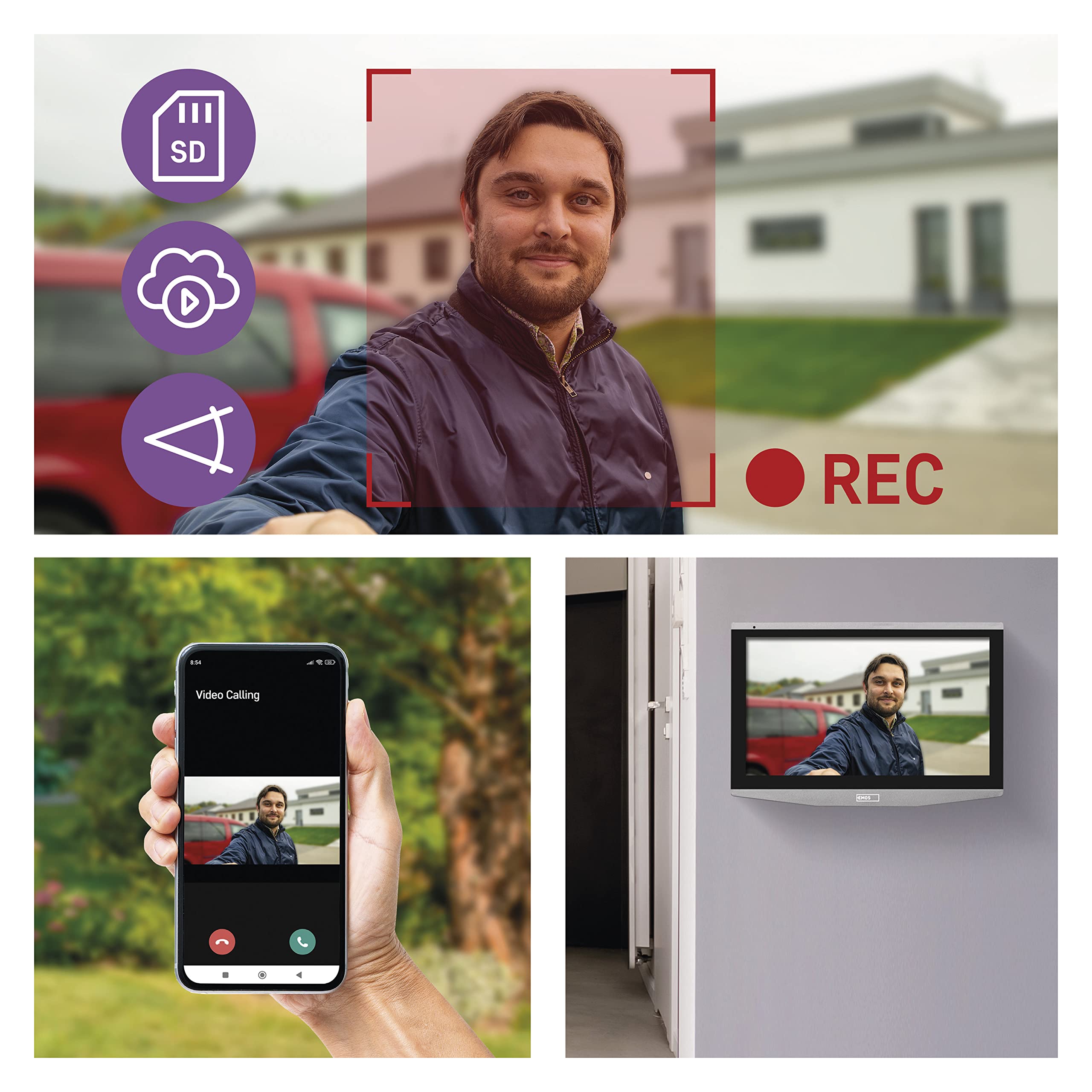 EMOS GoSmart wideodomofon IP-700A z WiFi i aplikacją, wodoszczelna kamera Full-HD z noktowizorem na podczerwień, monitor z kolorowym wyświetlaczem LCD 7", migawka, nagrywanie, sterowanie zamkiem drzwi