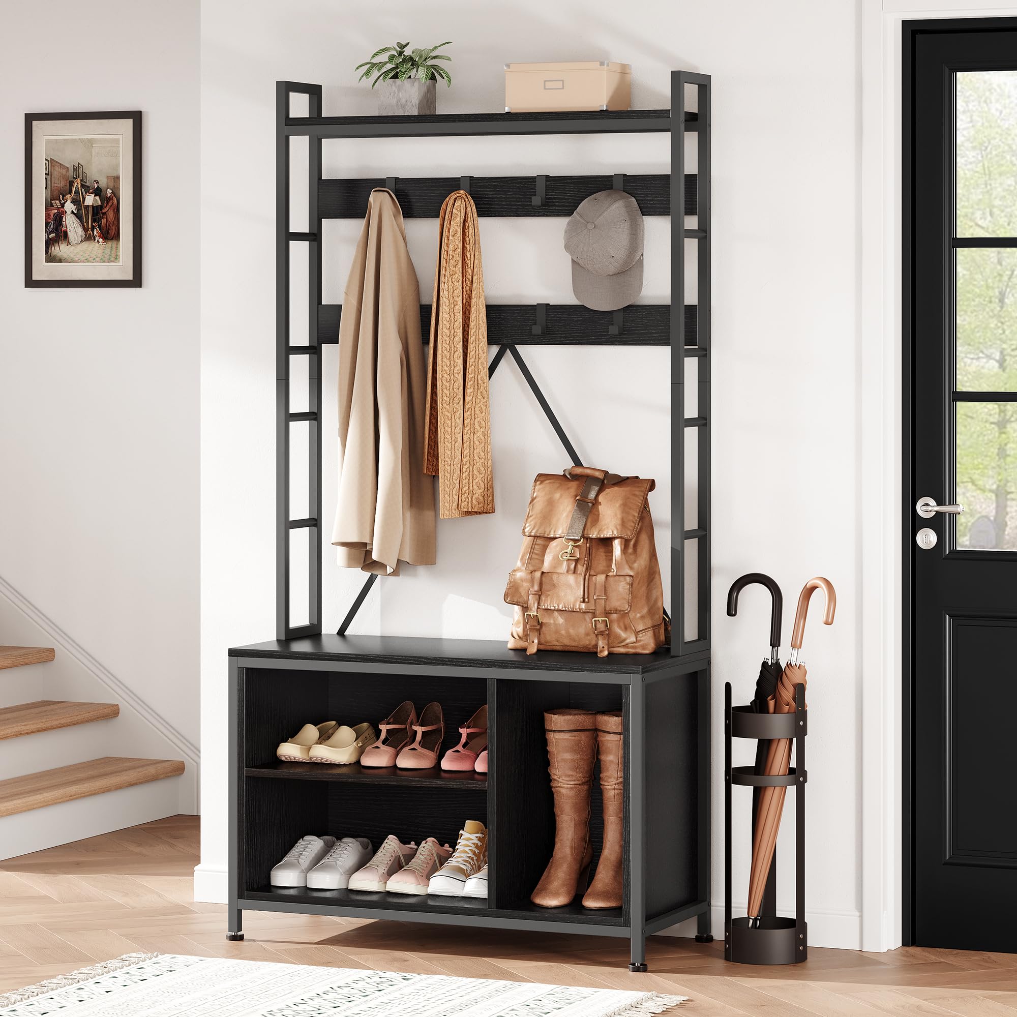 AffinityFurn Coat and Shoe Rack Stand, 3-in-1 Industrial Shoe Bench Storage Shelf with Storage Hooks & Shelves, Freestanding Hall Tree Organizer for Entryway, Bedroom, Hallway, 92.5x35x177.5cm, Black
