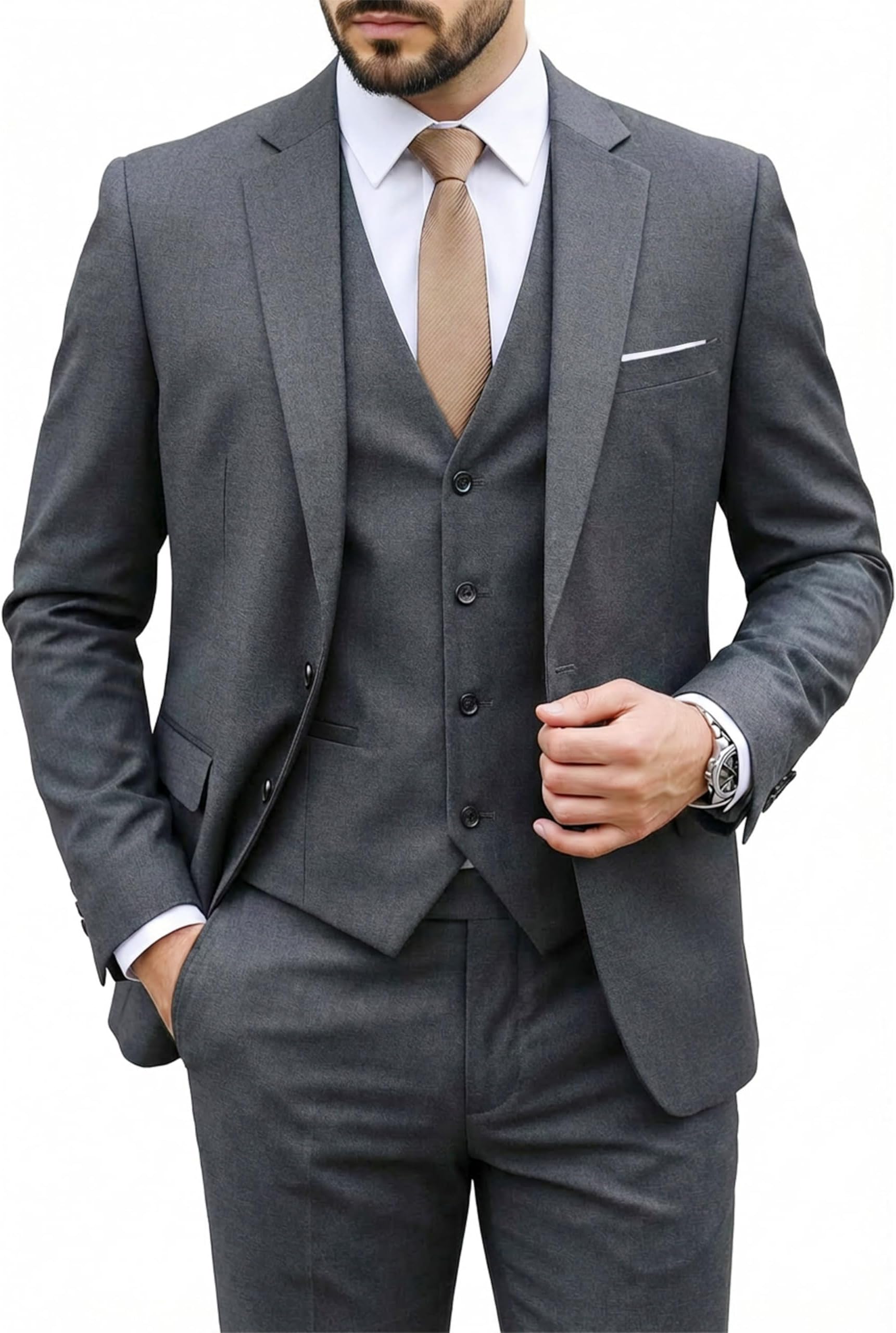 Men's Slim Fit 3 Pieces Suit, Two Buttons Solid Jacket Pants Set with Tie for Wedding Party Business Prom