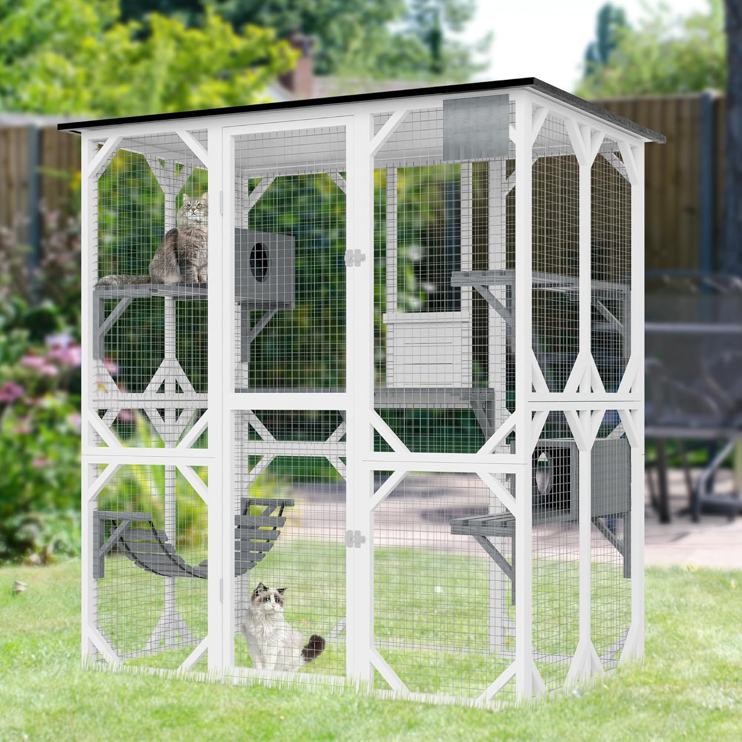 review Large Wooden Catio, Outdoor Cat Enclosures for Multi Cats, 3-Tier Cat House with Swing, Resting Box, Cat Ball, Walk-in Cat Condo with Waterproof Roof, 64.9