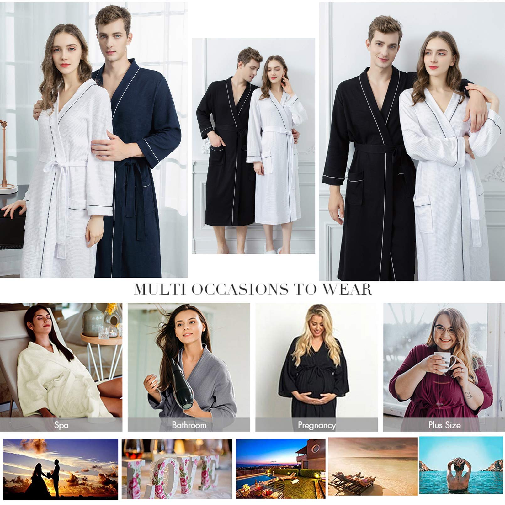 Albornoz de algodón de punto, kimono largo, con bolsillos para hombres y mujeres, spa y piscina de hotel