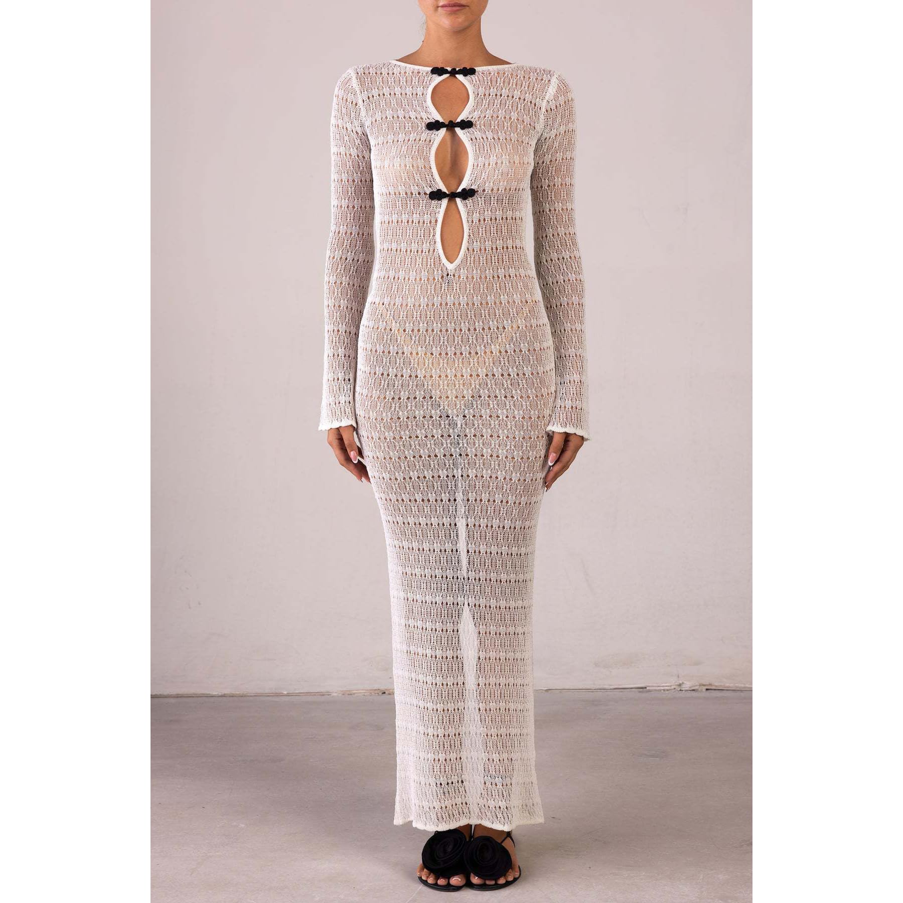 Donne a Maglia Sexy Hollow out Split Crochet Coprire Bodycon Vestito Spiaggia Vacanza,Bianca,S
