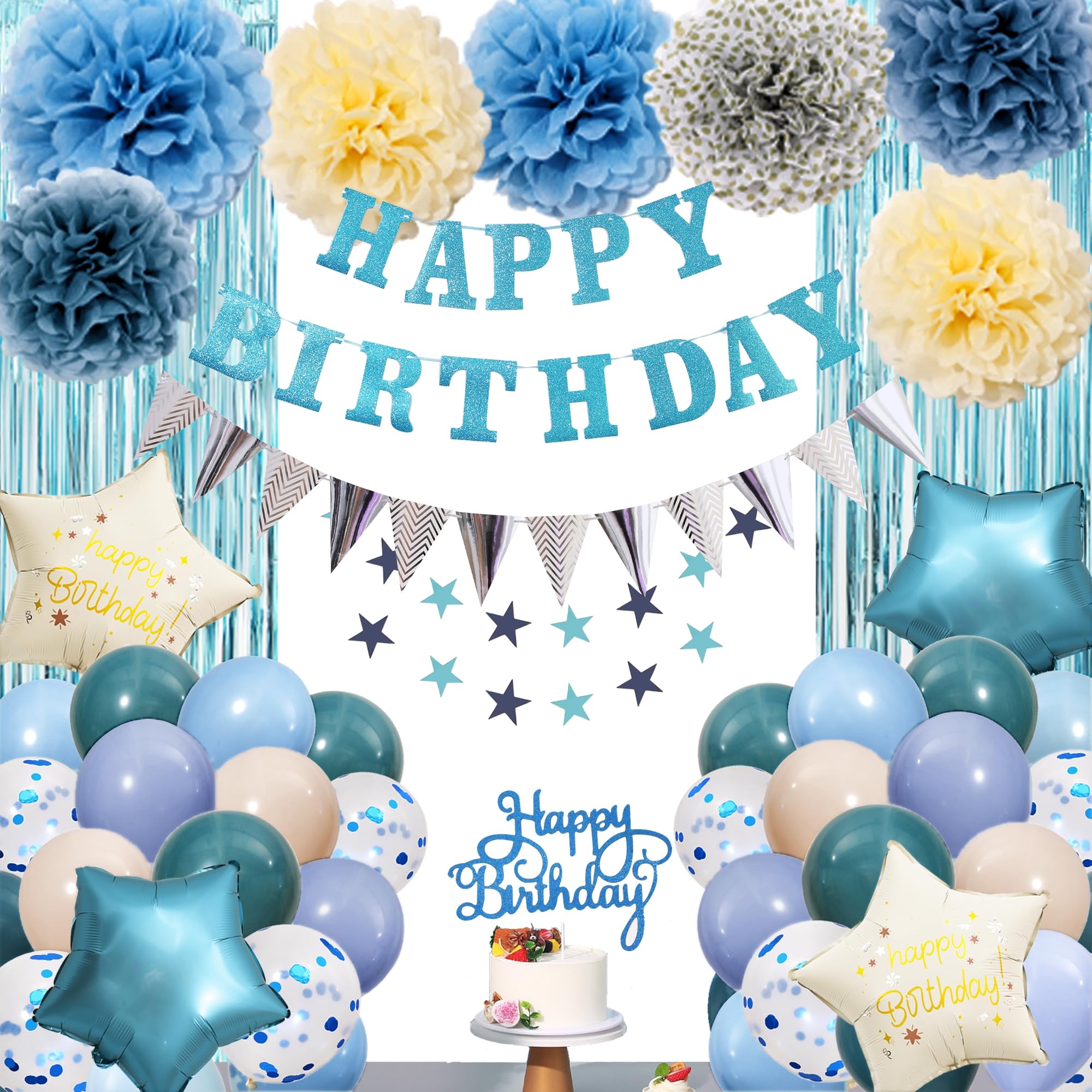 Blue Birthday Decorations, Happy Birthday Banner, Baby Blue Balloons, Light Blue Confetti Balloons, Fringe Curtain Background with Paper Pompoms for