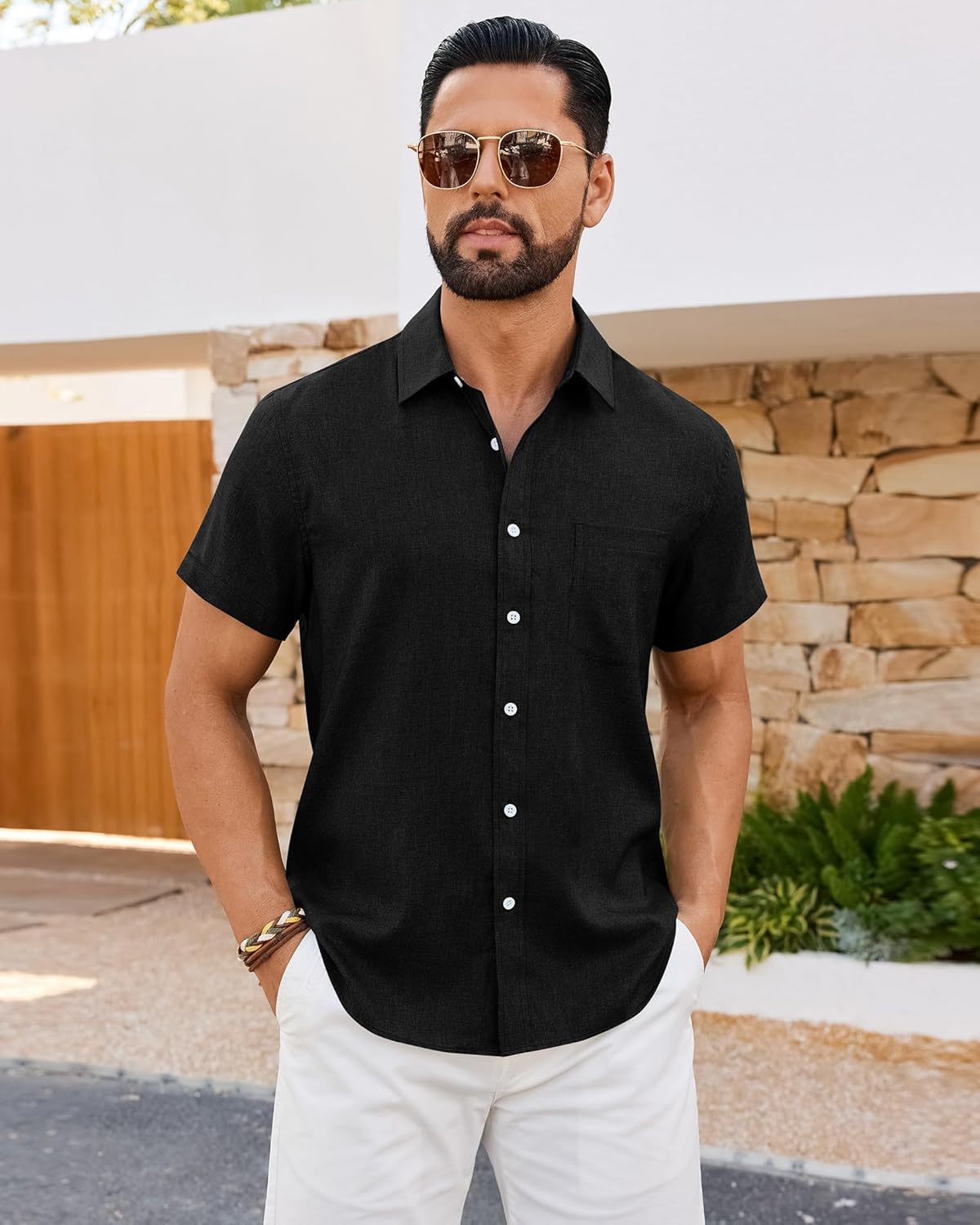 DEMEANOR Mens Linen Shirts Short Sleeve Casual Wrinkle Free Button Down Shirt Lightweight Beach Vacation Summer Wedding Tops - Image 4