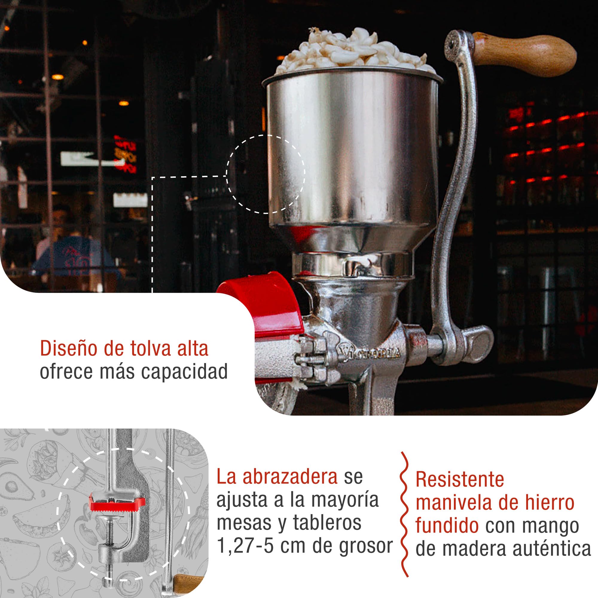 Victoria Molino Cereales Manual, Molinillo de Mano en Hierro Fundido para Moler Café, Maíz, Avena, Semillas, Grosor de Molienda Ajustable, Grain Grinder Tolva Alta con Abrazadera para Mesa