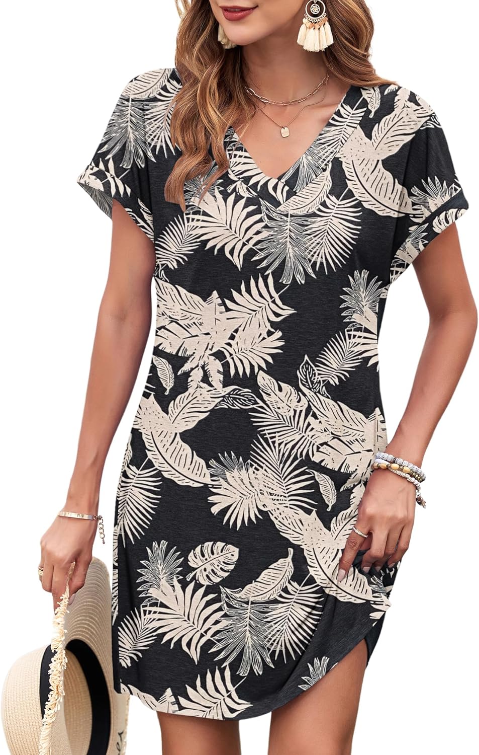 MISFAY Women Summer T Shirt Dresses 2025 Casual Short Sleeve Sundress V Neck Loose Tank Short Dress Vacation Outfits XX-Large Rainforest